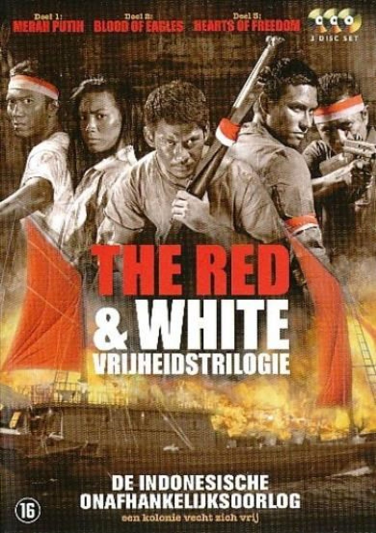Poster voor de trilogie "The Red & White" met mannen die wapens vasthouden, Indonesische vlag-elementen en een brandende achtergrond.