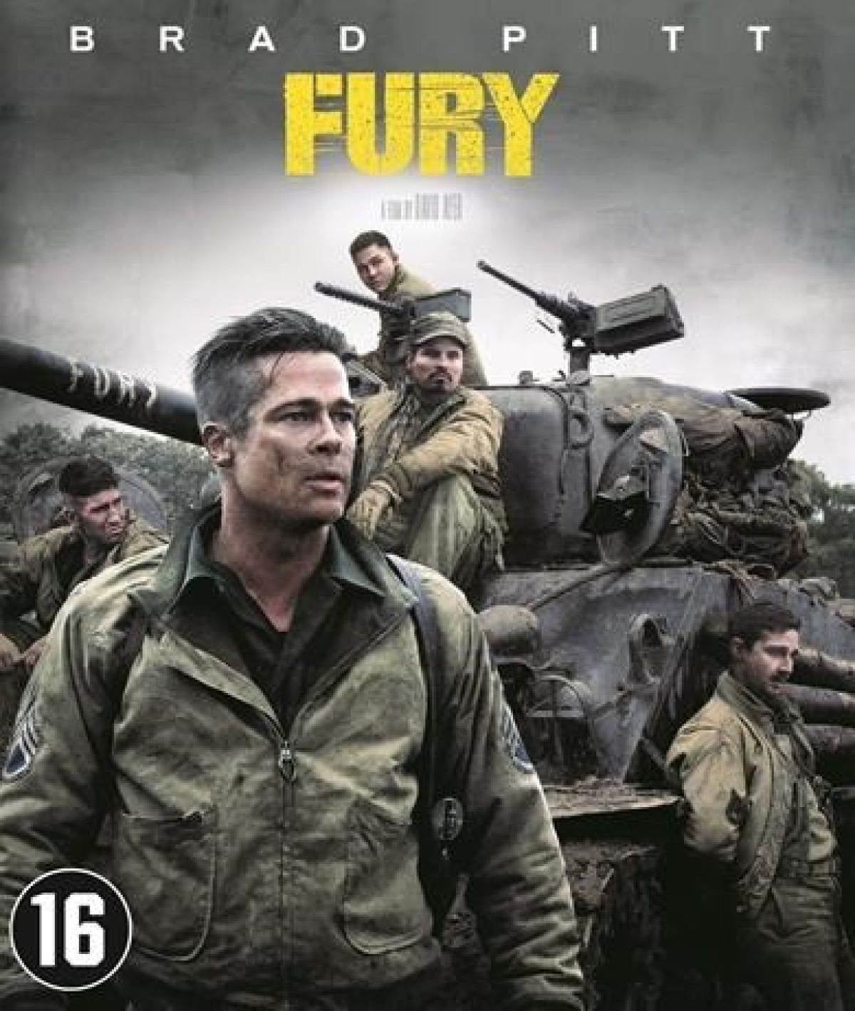 Filmposter voor Fury. Brad Pitt op de voorgrond, soldaten en een tank op de achtergrond. Titel 'FURY' in geel.