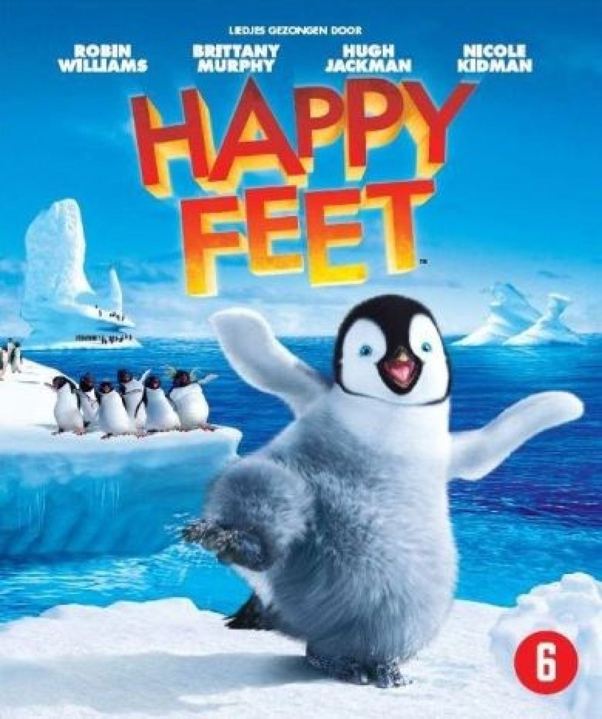 Happy Feet filmposter. Een pinguïn met open armen staat op ijs. Andere pinguïns op de achtergrond, blauwe lucht.