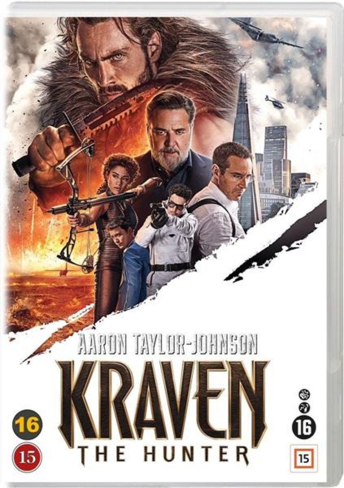 Filmposter voor Kraven the Hunter. Toont acteurs met wapens, een stadsgezicht en titeltekst.