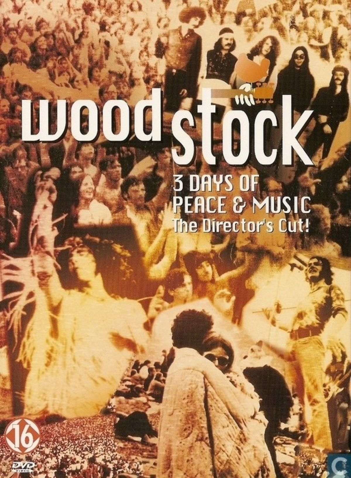 Woodstock DVD-hoes. Grote menigte, tekst 'Woodstock'. Tekst '3 Days of Peace & Music'. Mensen met lang haar.