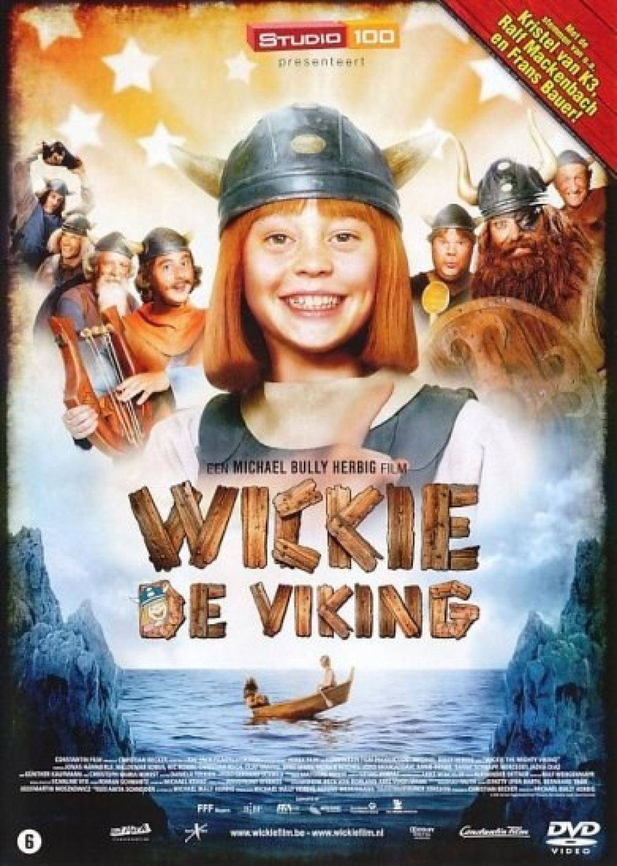 Filmposter voor Wickie de Viking. Een meisje met een Vikinghelm lacht in het midden. Andere Vikingen staan om haar heen en een boot op zee.