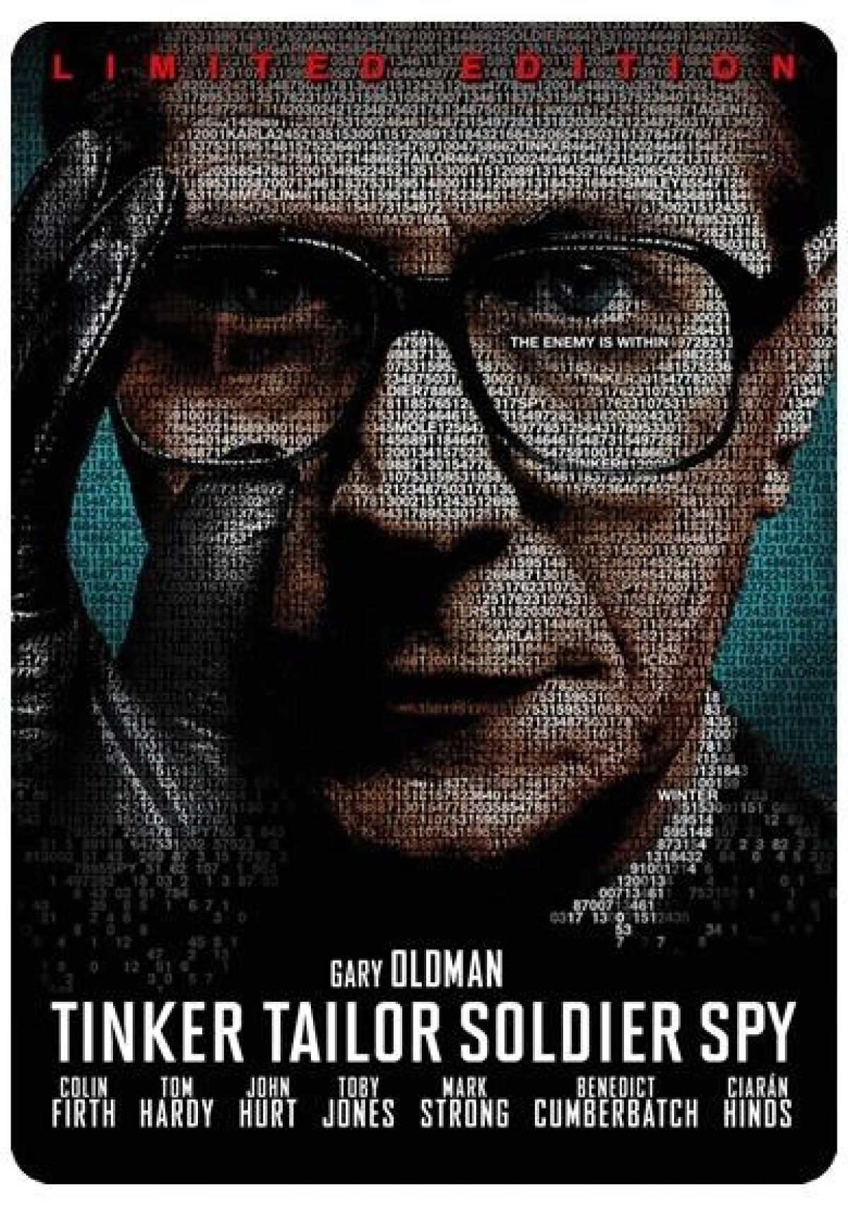 Poster voor Tinker Tailor Soldier Spy. Gezicht van Gary Oldman met tekst overlay. Film titel en cast hieronder.