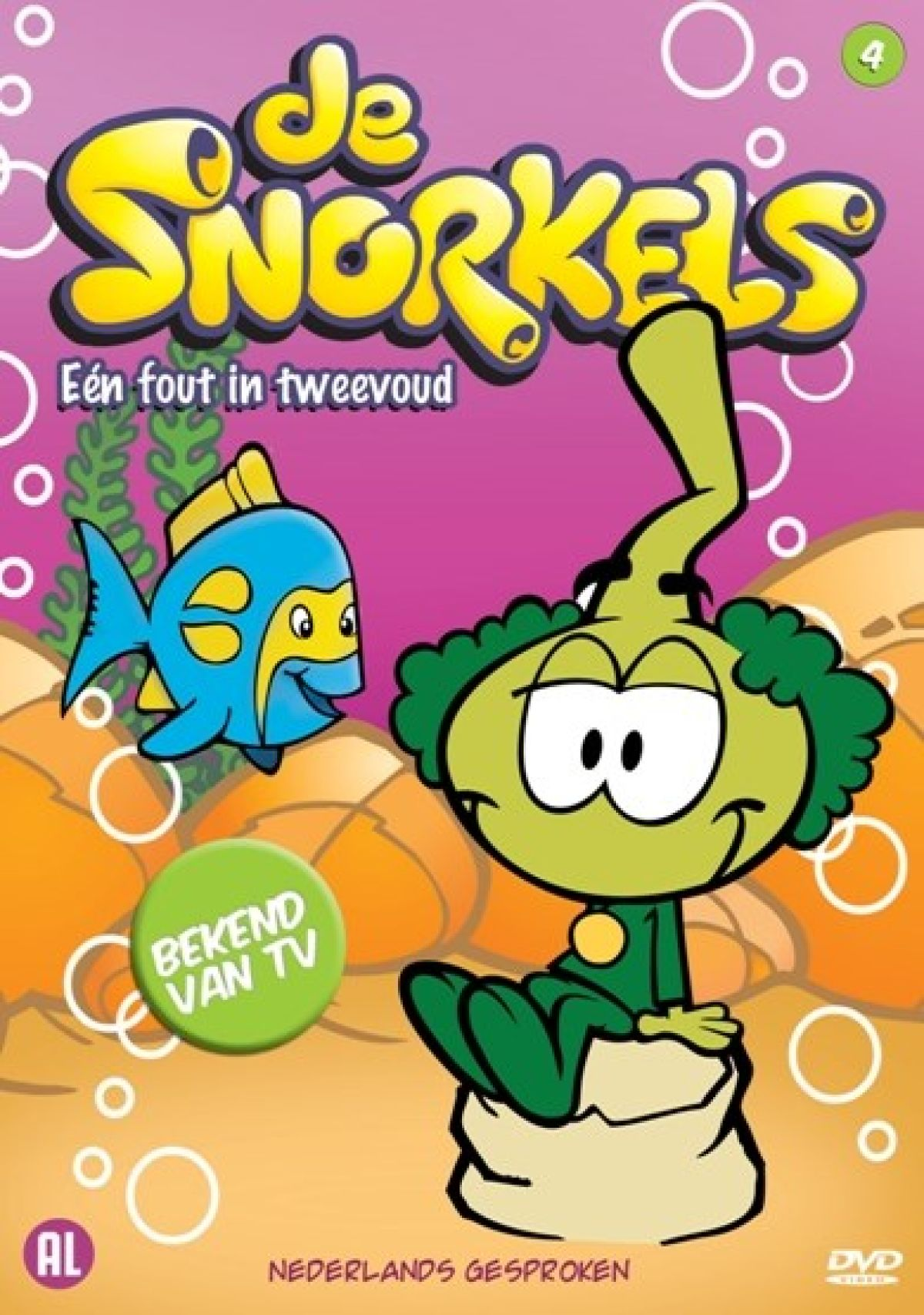 DVD-hoes voor 'De Snorkels'. Toont een stripfiguur, een vis en tekst in het Nederlands. Kleuren: blauw, groen, geel en roze.