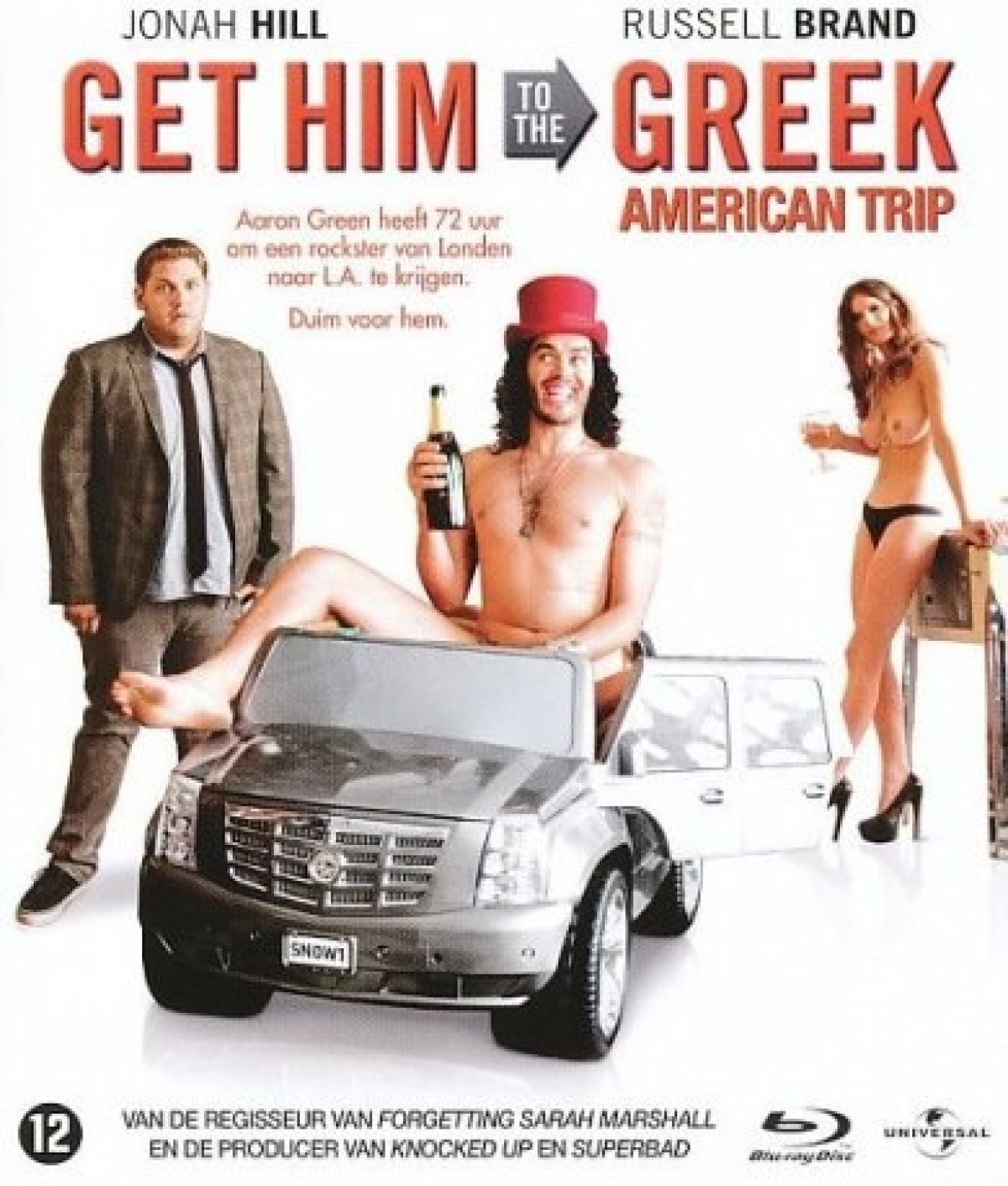 Filmposter voor 'Get Him to the Greek'. Toont acteurs, een auto en de titel. Een vrouw in bikini staat in de buurt.