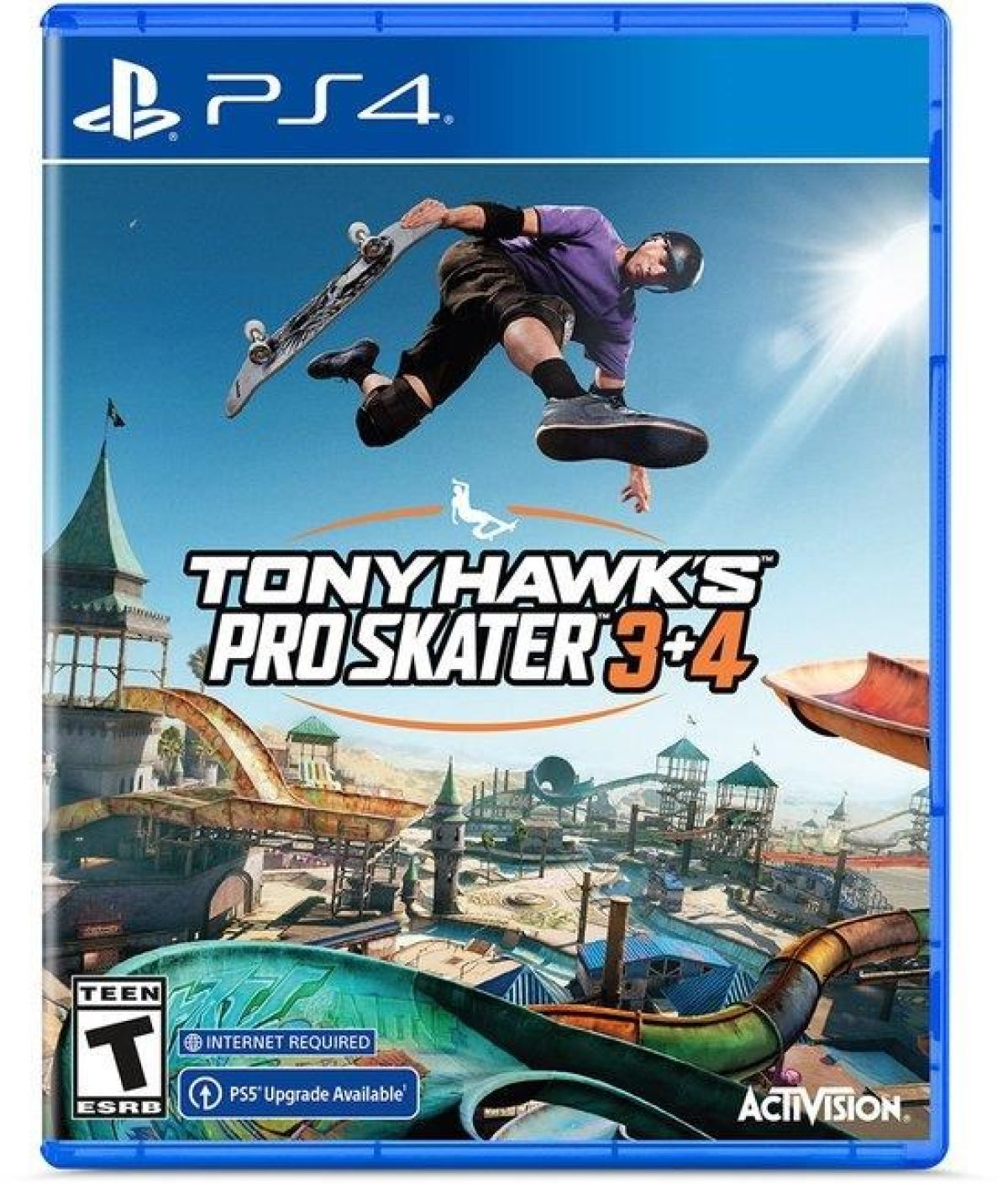 Copertina del gioco PS4: Tony Hawk's Pro Skater 3+4. Skateboarder in aria sopra uno skatepark. Schema di colori blu, verde e arancione.