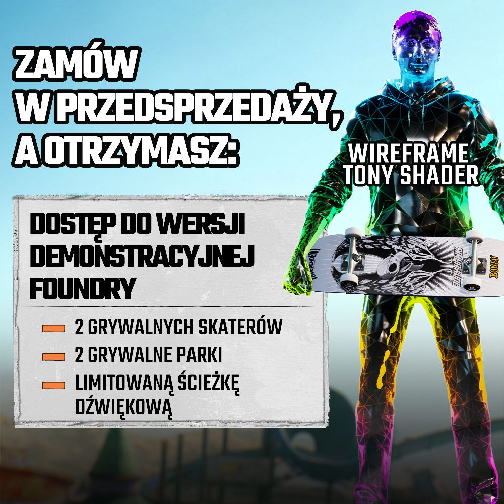 Una figura digitale tiene uno skateboard. Testo: 'Prenota e ottieni: versione demo, 2 skater, 2 parchi, colonna sonora limitata.'