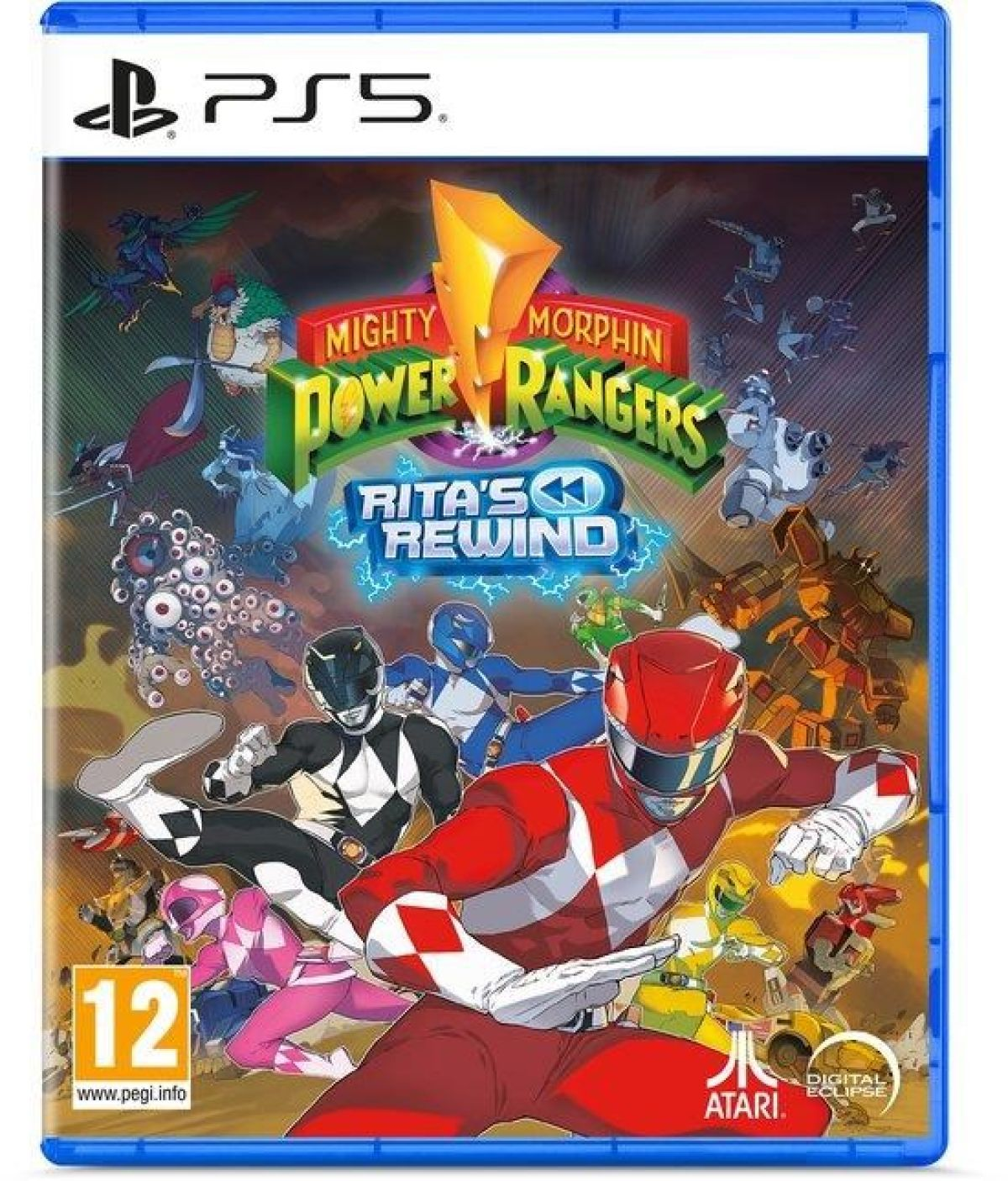 Okładka gry PS5 Mighty Morphin Power Rangers: Rita's Rewind. Rangers w akcji. Kolorowe postacie i logo.