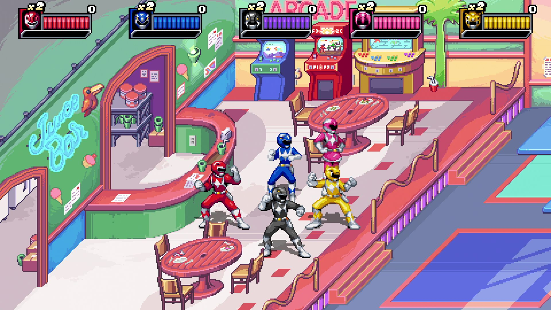Scena pikselowa: Power Rangers w barze z sokami, automaty do gier, czerwone i różowe stoły oraz neon. Rangery w akcji.