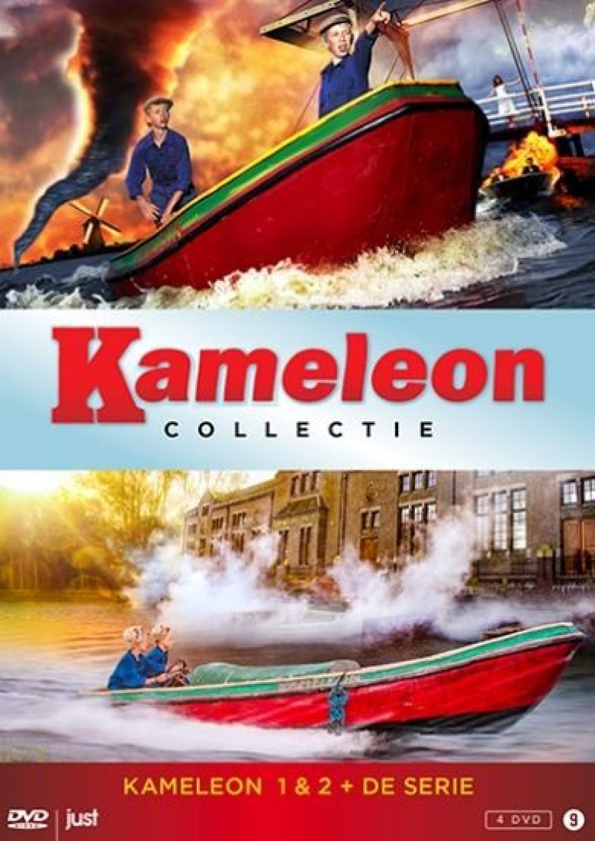 De afbeelding toont een boot met twee mensen erop. Er is een titel 'Kameleon Collectie'. De onderkant toont een boot in een rivier.