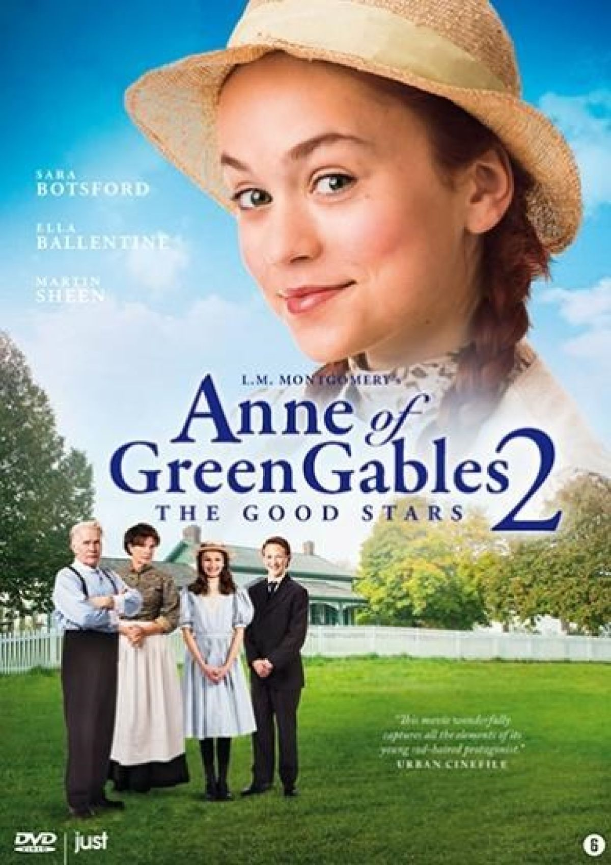 Filmposter voor Anne of Green Gables 2. Een vrouw met een hoed glimlacht en een groep mensen staat voor een huis.