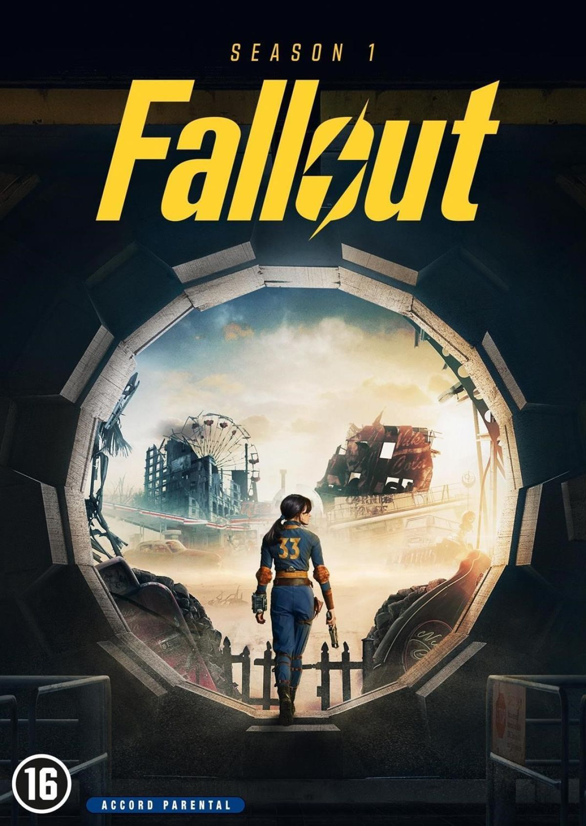 Poster voor Fallout seizoen 1. Een vrouw in blauw en geel staat in een futuristische omgeving, met een pistool. Een reuzenrad op de achtergrond.