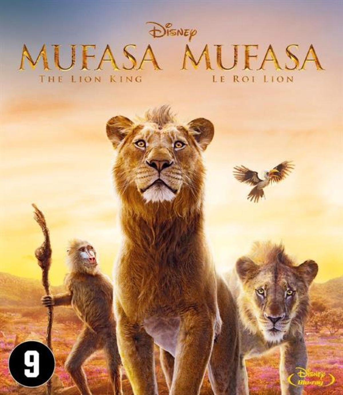 Poster voor Mufasa: The Lion King. Leeuwen en een baviaan staan centraal. Een vogel vliegt boven hen. De lucht is oranje en geel.