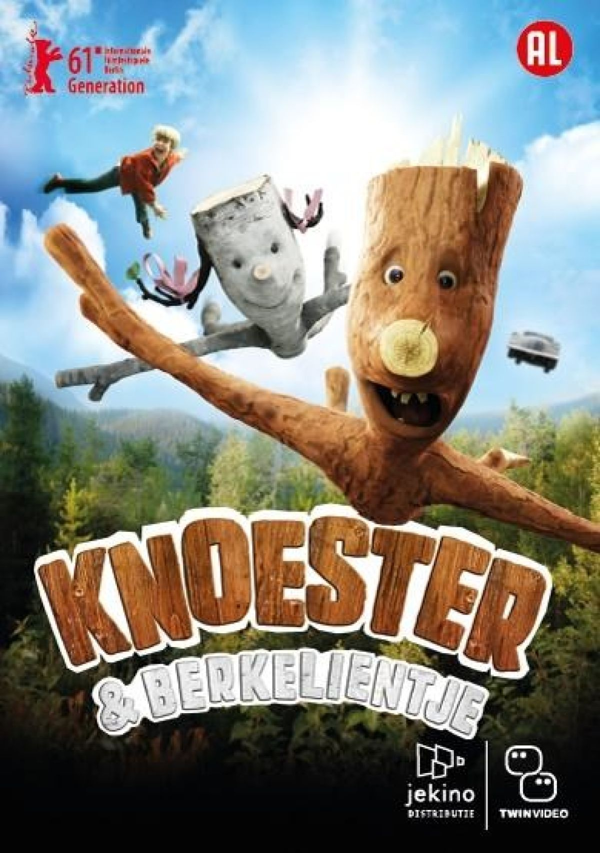 Poster voor de film 'Knoester & Berkelientje'. Met boomachtige personages, een vliegende persoon en een bosachtergrond.