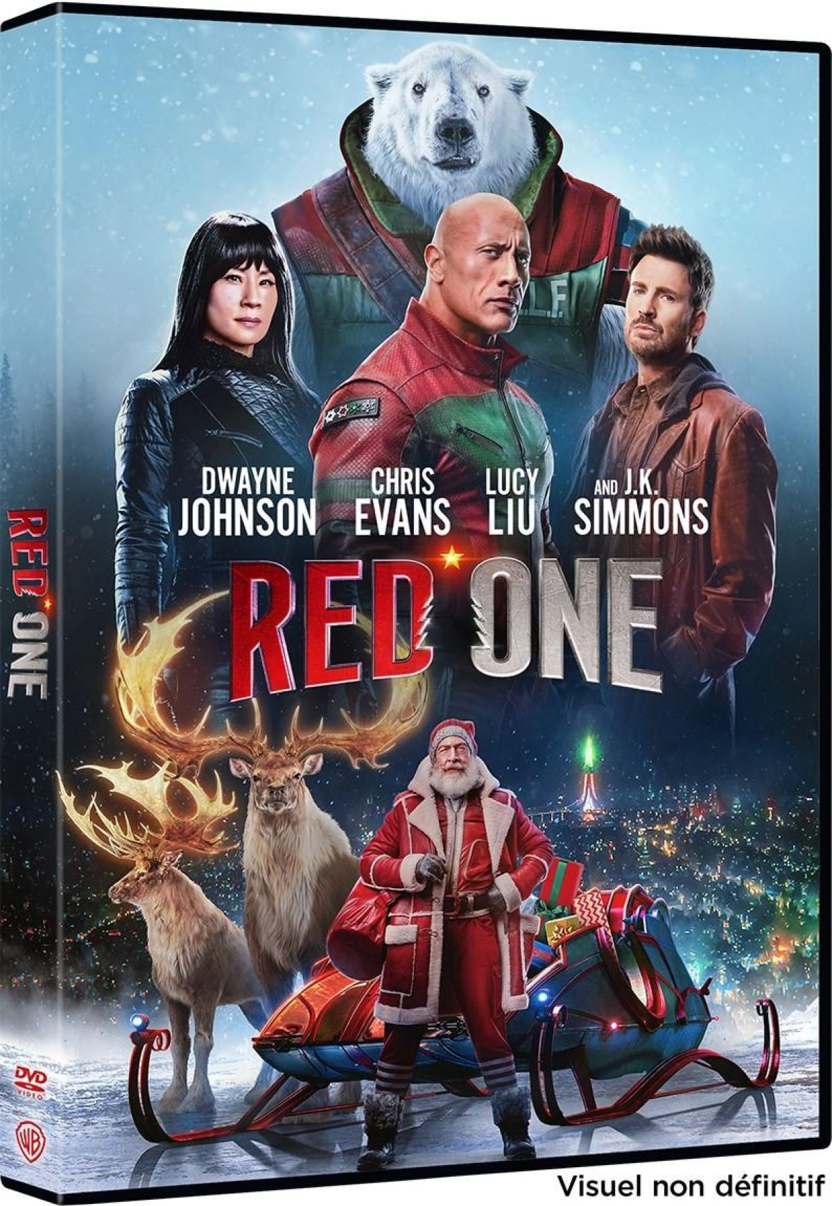 Filmposter voor 'Red One' met Dwayne Johnson, Chris Evans, Lucy Liu en een ijsbeer. De kerstman staat bij een slee.