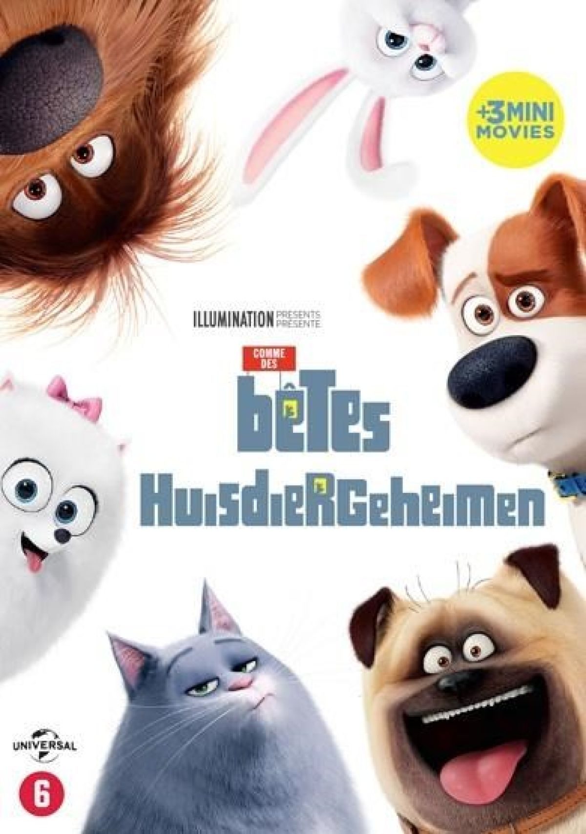 Filmposter voor Pets. Toont cartoon huisdieren: hond, kat, konijn en mopshond. Tekst bevat filmtitels in meerdere talen.