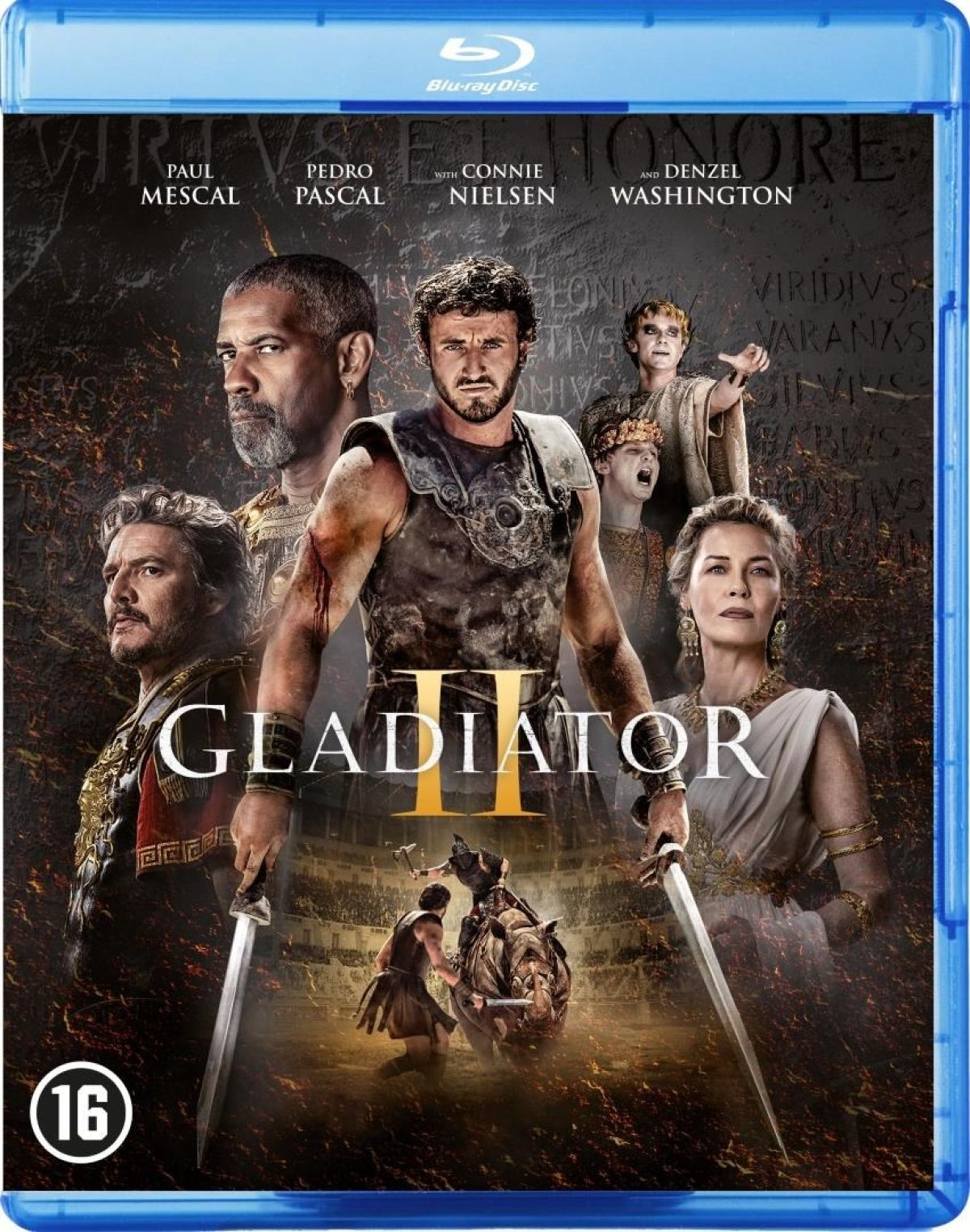 Gladiator II movie cover. Main characters with swords, a gladiator fight scene, and the film's title, all set in a Roman arena.