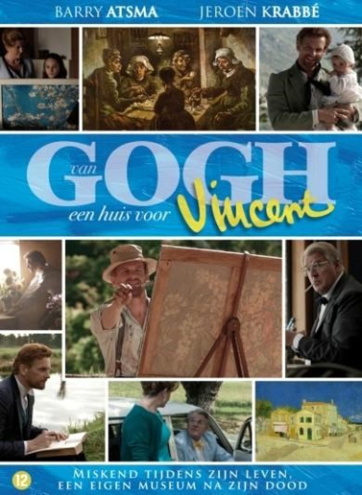 Filmposter met acteurs en de titel "van Gogh". Scènes tonen mensen, schilderijen en een gebouw. Blauwe achtergrond met tekst.