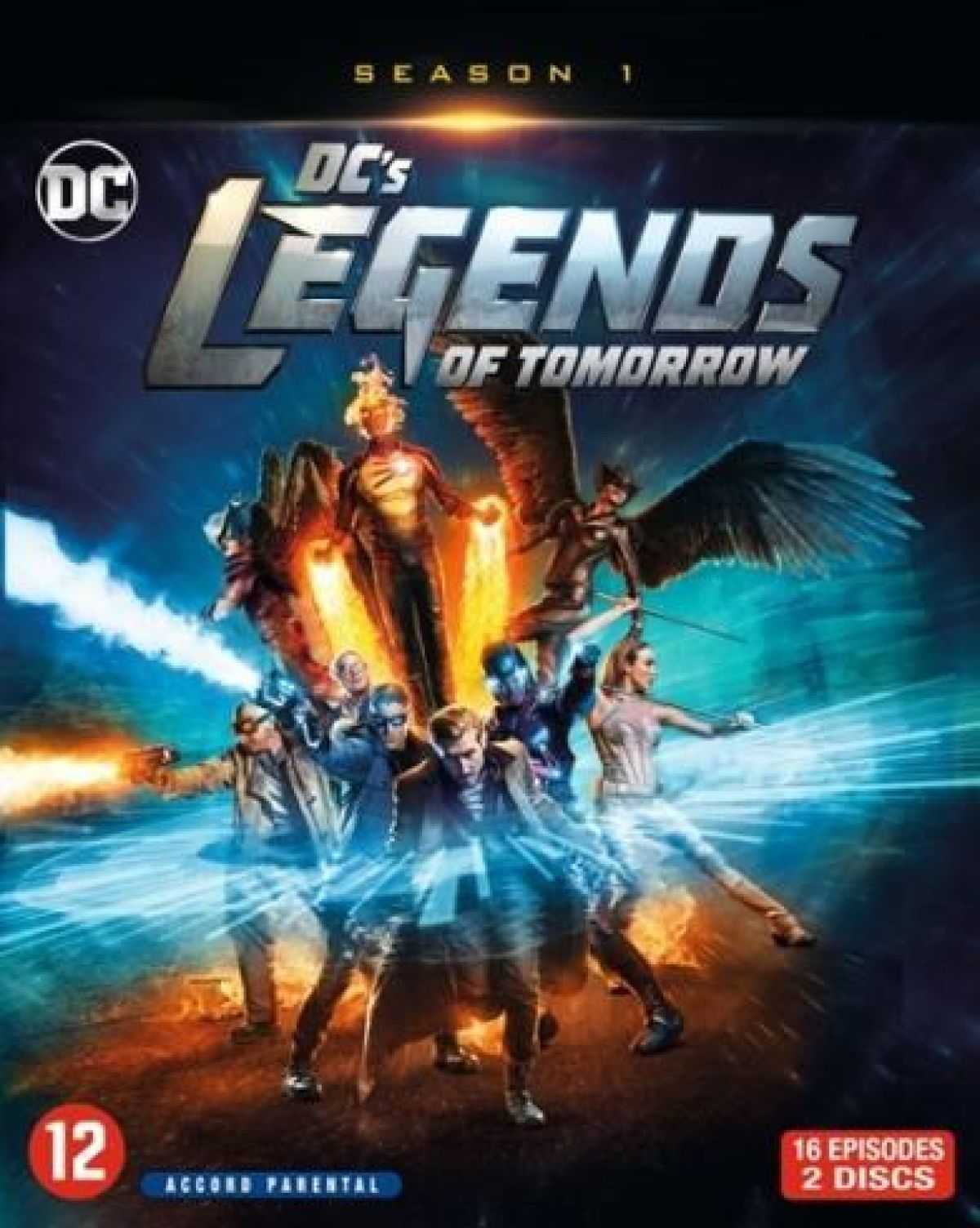 DVD-hoes van DC's Legends of Tomorrow seizoen 1. Verschillende kostuumhelden staan voor een blauwe en oranje achtergrond.