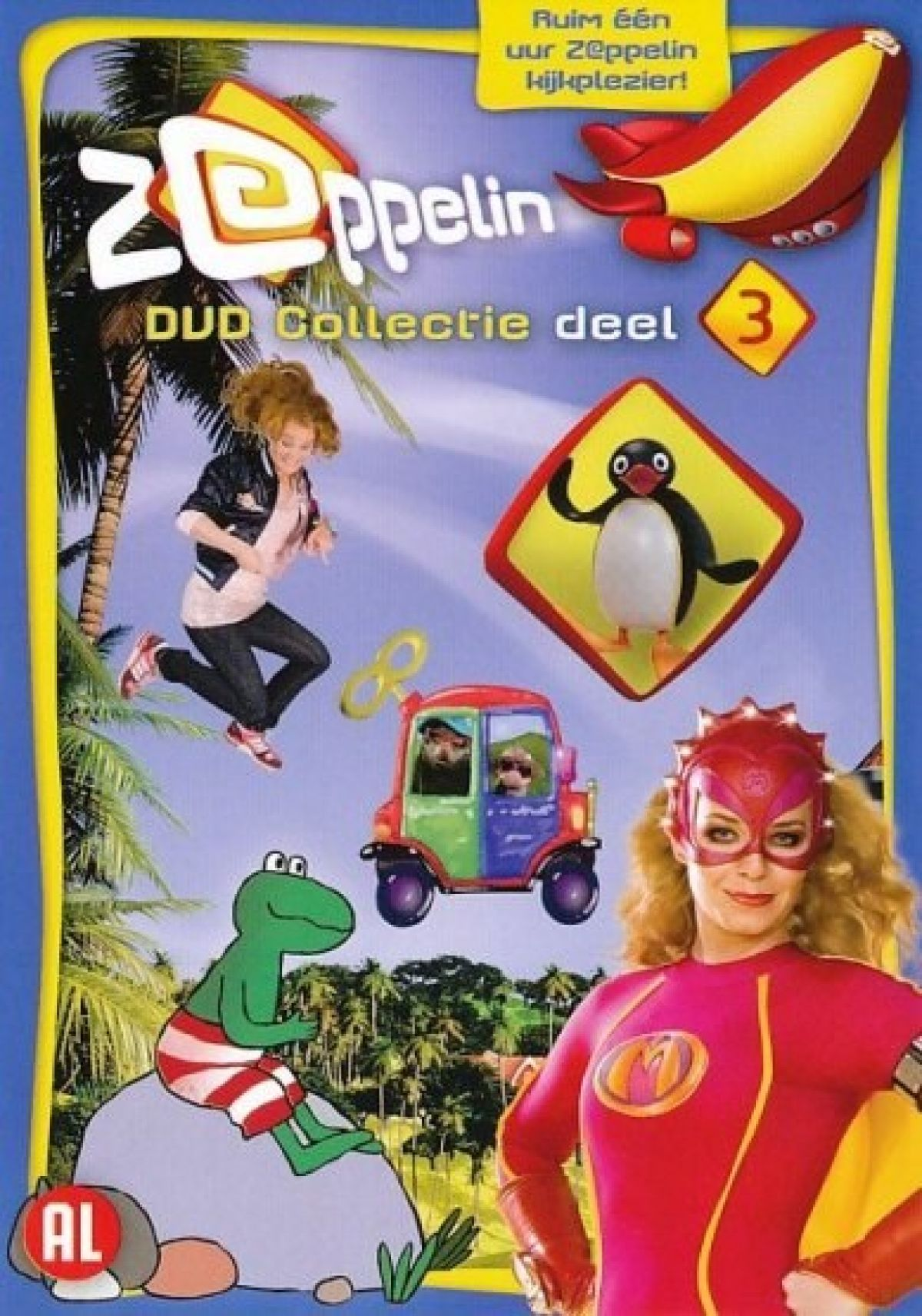 Een dvd-hoes met stripfiguren. Bevat een vrouw in kostuum, een kikker, een pinguïnbord en een auto met personages.
