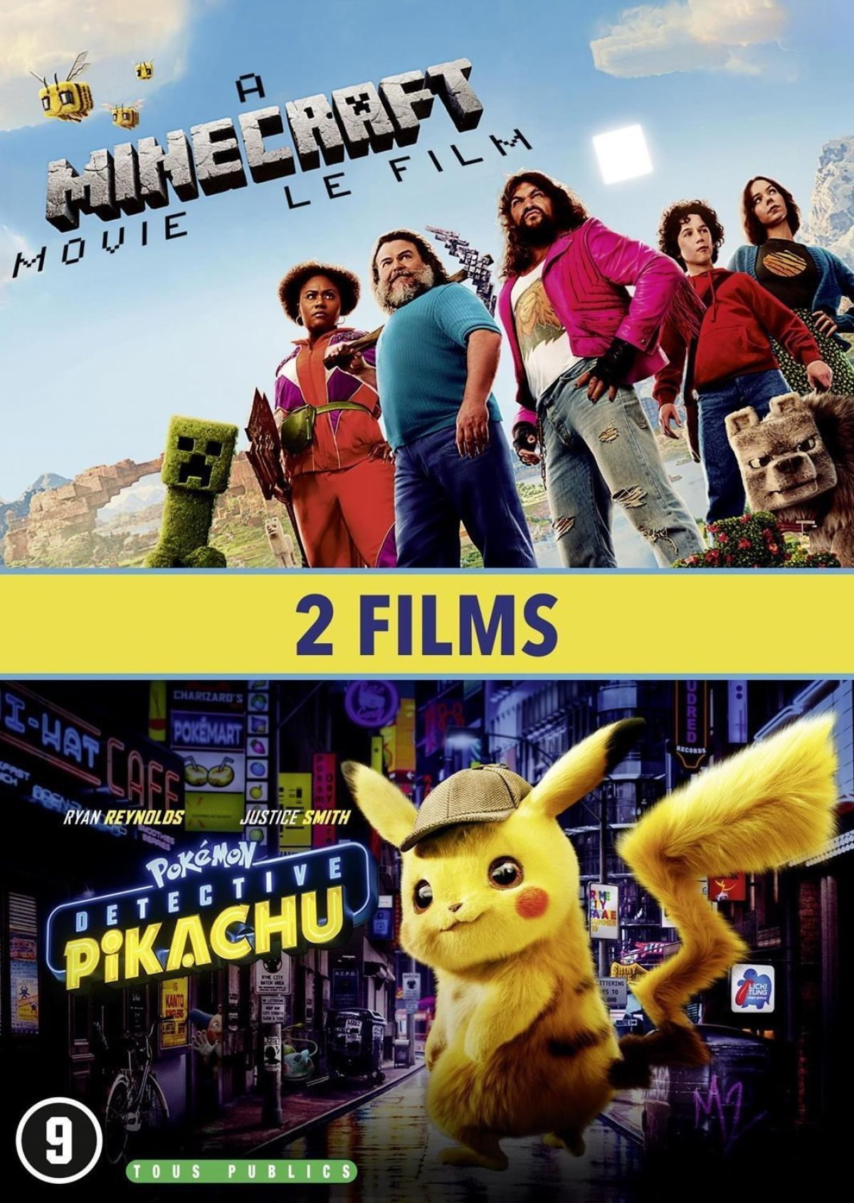 Filmposter met Minecraft-personages en acteurs. Hieronder een Detective Pikachu-poster met Pikachu in een detectivehoed.
