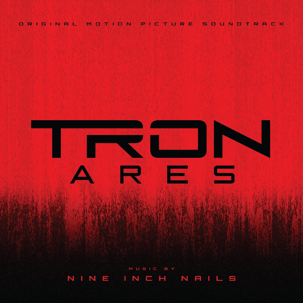 Rode achtergrond met zwarte tekst: TRON ARES. Originele filmmuziek. Muziek van Nine Inch Nails.
