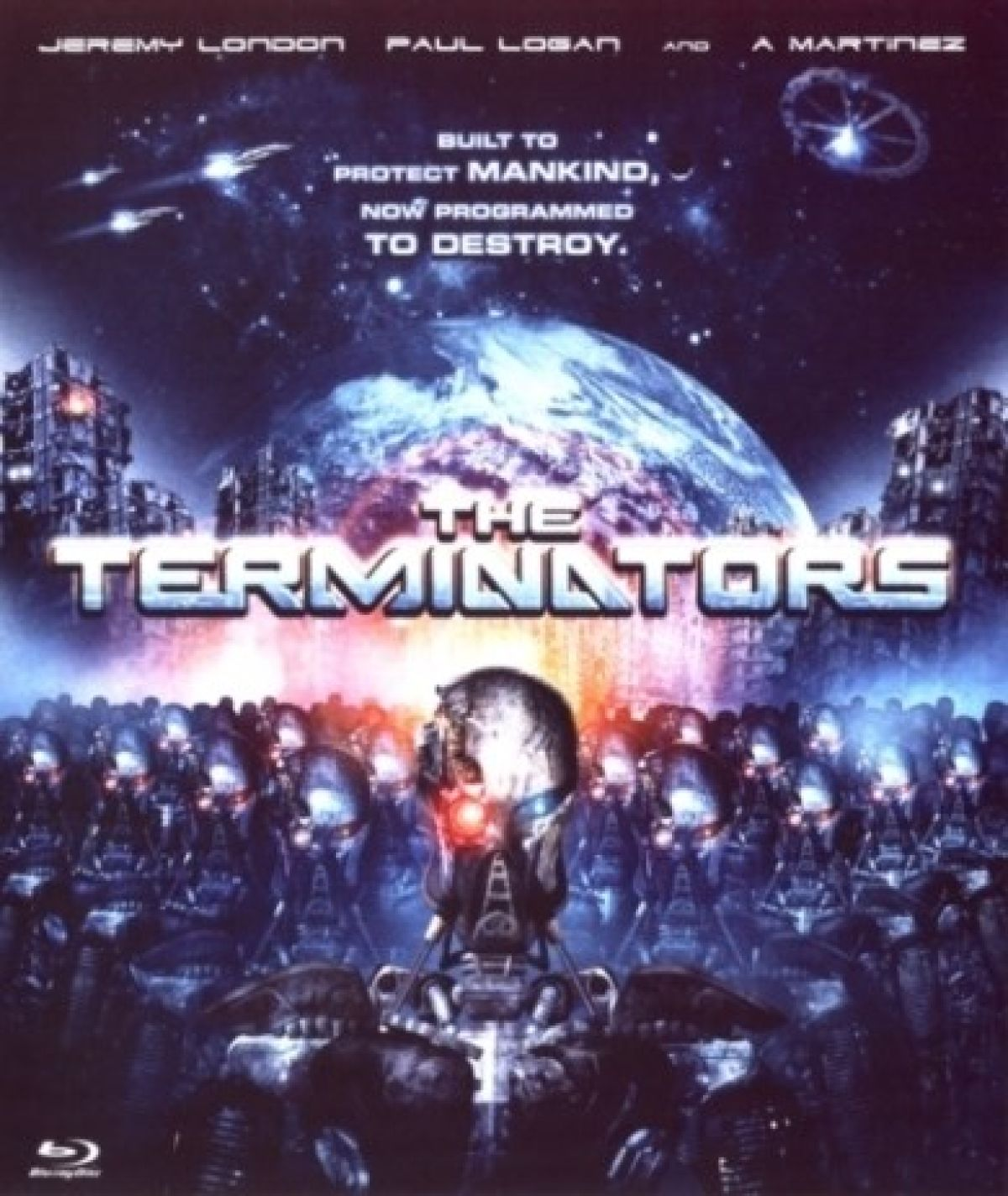 Poster voor "The Terminators". Toont robots, aarde en ruimteschepen. Tekst: Gebouwd om de mensheid te beschermen, nu geprogrammeerd om te vernietigen.