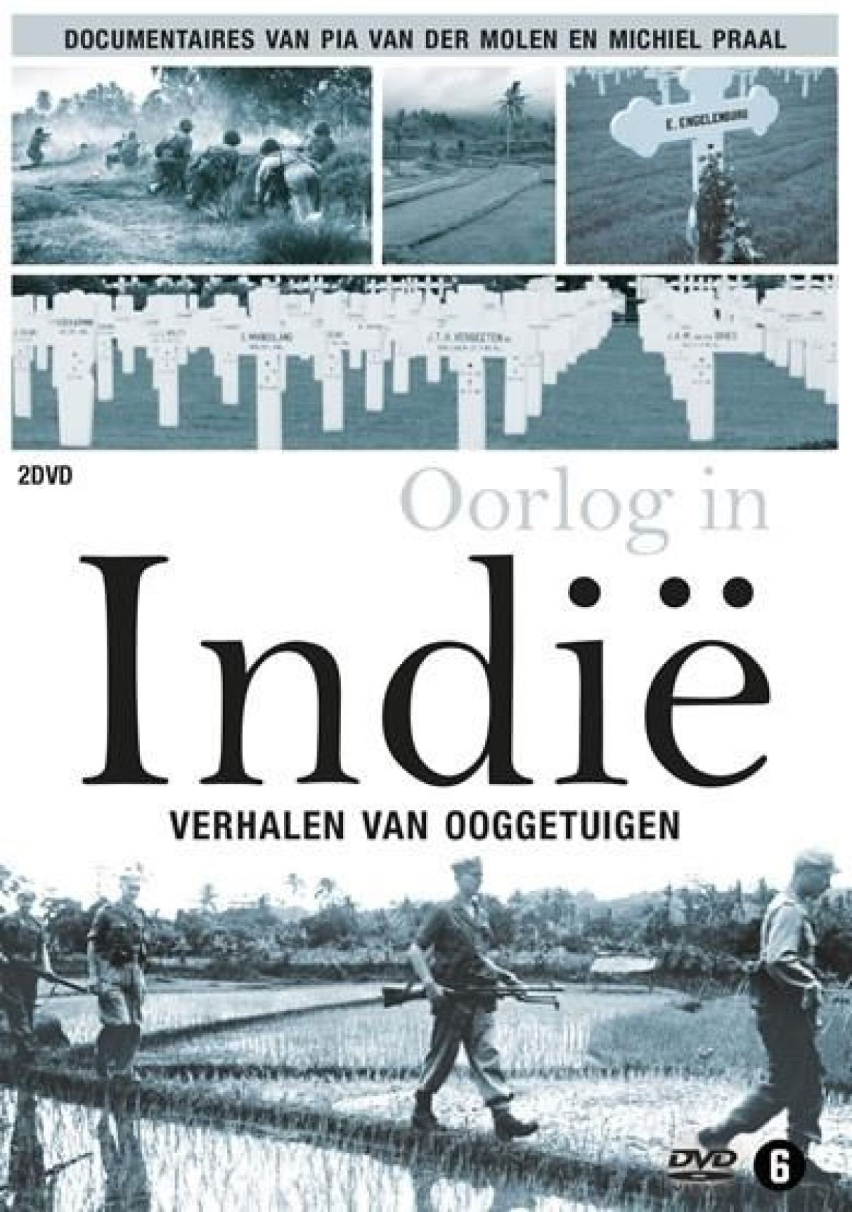 DVD-hoes: Soldaten in rijstvelden, oorlogsscènes en een veld met witte kruizen. Titel: Oorlog in Indie.