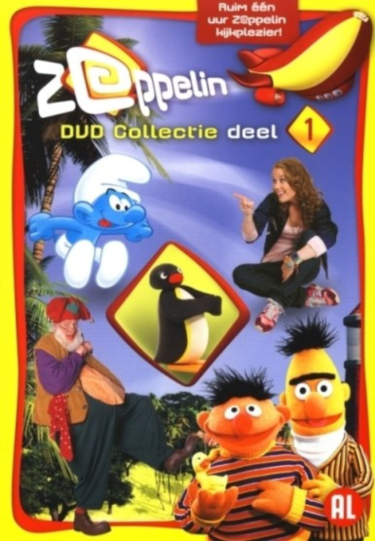 DVD-cover met personages: Smurf, pinguïn, Bert, Ernie. Een vrouw wijst. Zeppelin-logo, vliegtuig en details van de dvd-collectie.