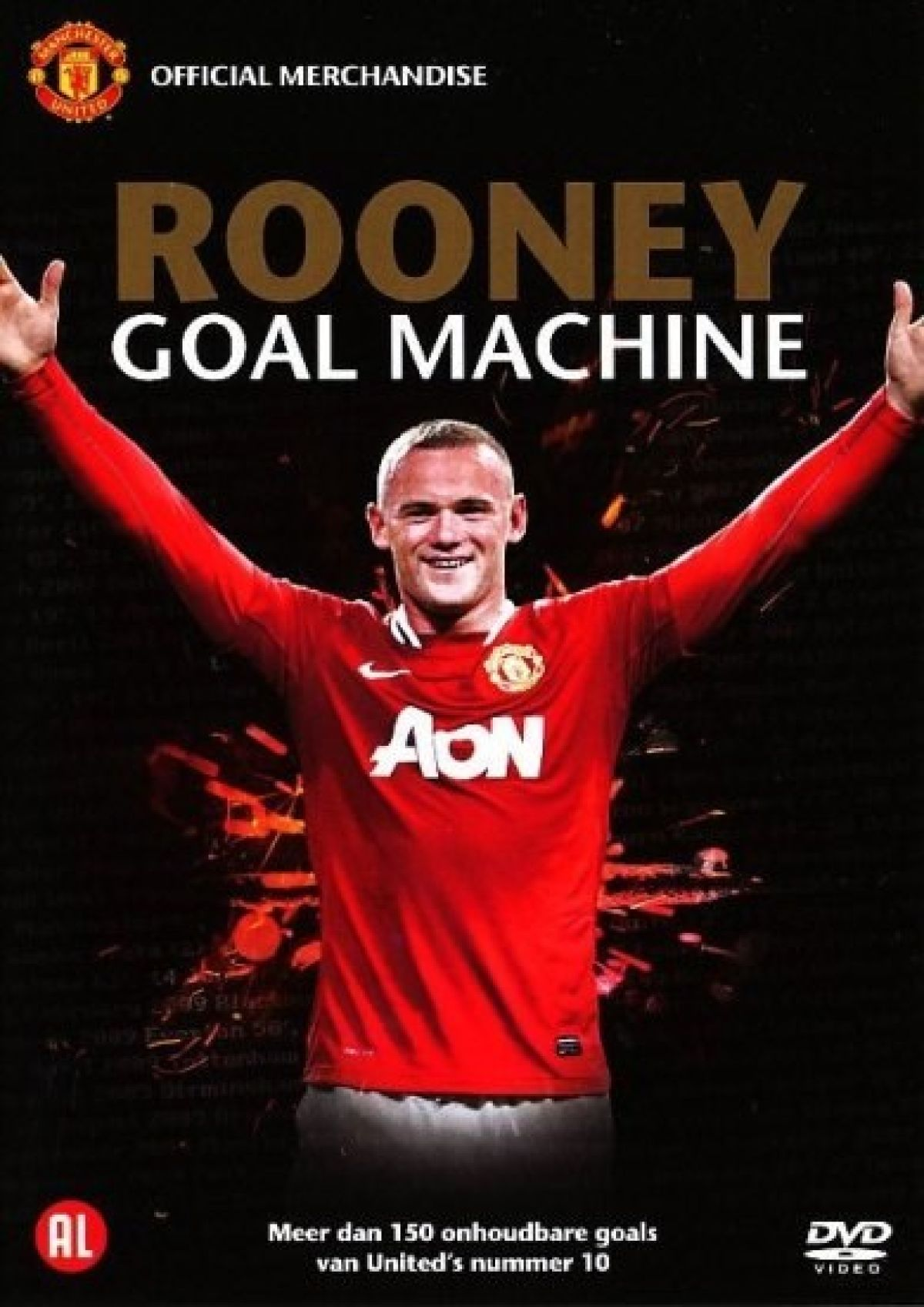 DVD-hoes toont Wayne Rooney in een rood Manchester United-shirt met armen omhoog. Tekst: Rooney Goal Machine. Achtergrond is donker.