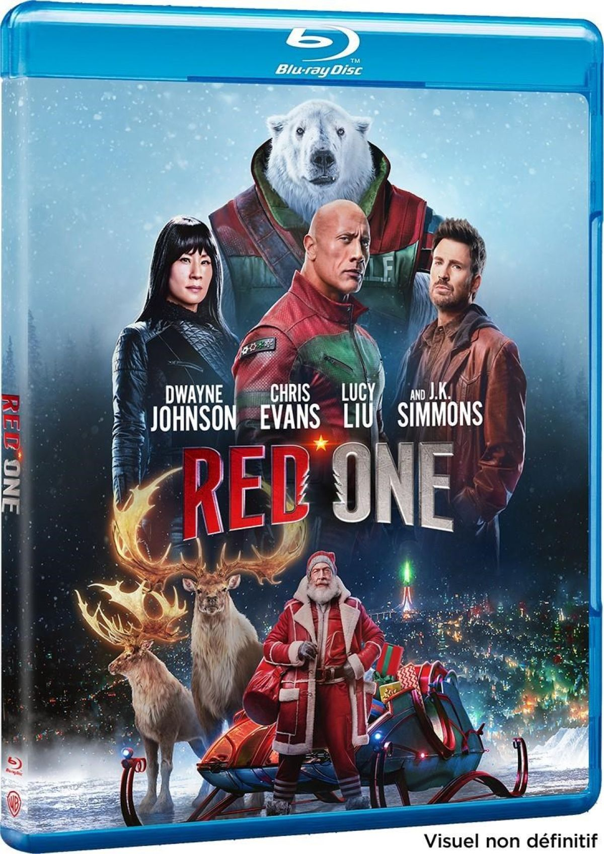 Filmposter van Red One. Dwayne Johnson, Chris Evans, Lucy Liu en J.K. Simmons zijn te zien. De kerstman en rendieren zijn ook aanwezig.