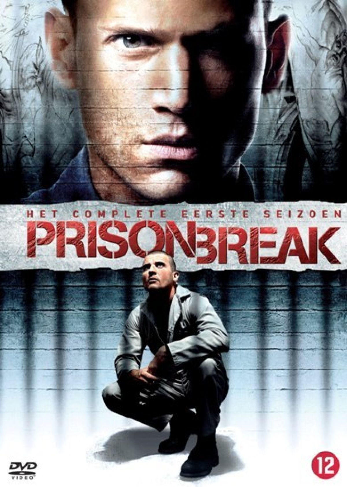 Prison Break DVD-hoes. Toont twee mannen, de titel en tekst in het Nederlands. De hoes heeft een blauw en grijs kleurenschema.