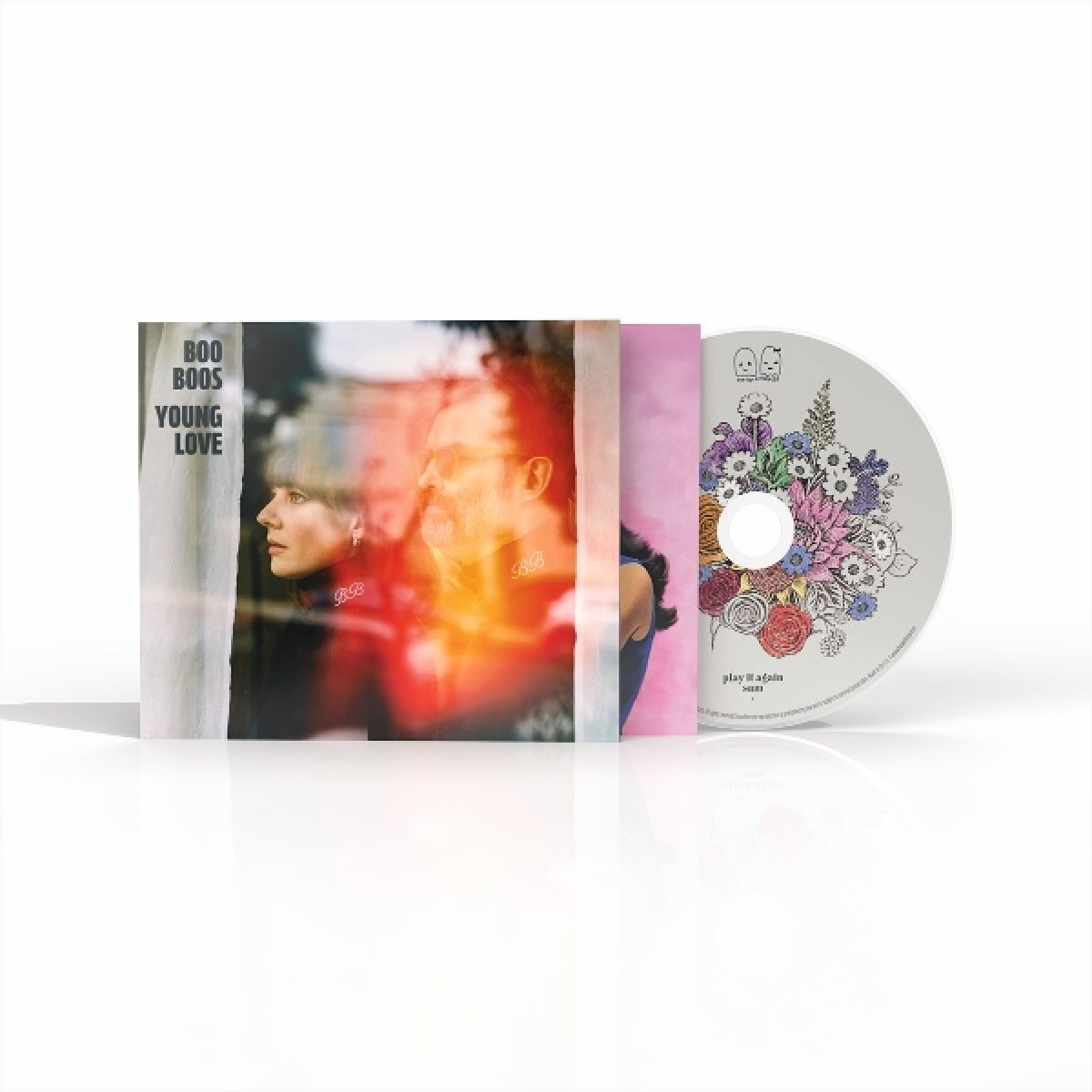 Album CD 'Young Love' dei Boo Boos. La copertina presenta due persone dietro un vetro. Il CD mostra un design floreale.