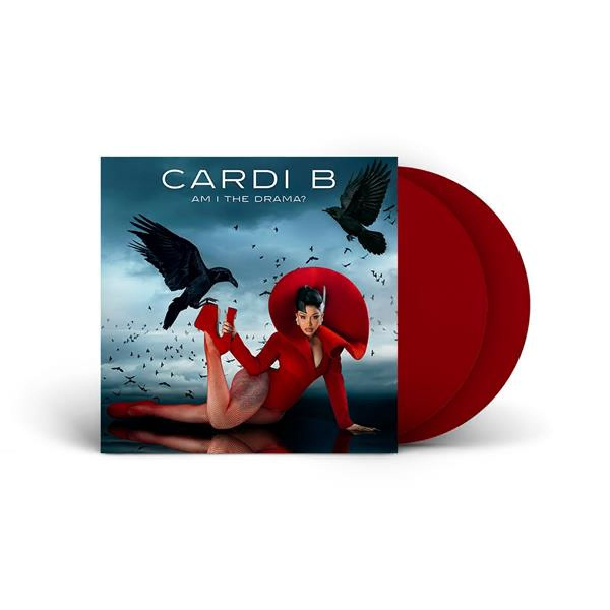 Copertina dell'album di Cardi B. Indossa il rosso, con corvi nel cielo. Un vinile rosso a destra.