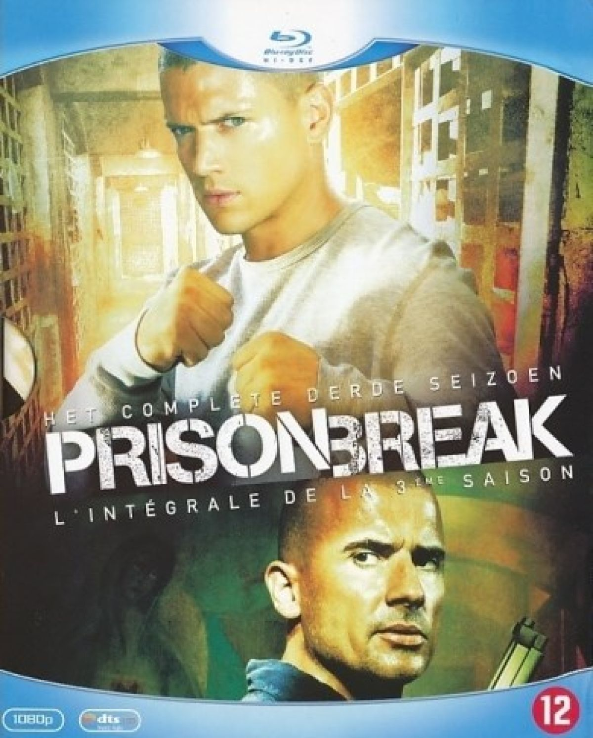 Prison Break Blu-ray cover. Hoofdafbeelding: man met vuisten omhoog. Daaronder een andere man. Tekst: Prison Break, seizoen 3.