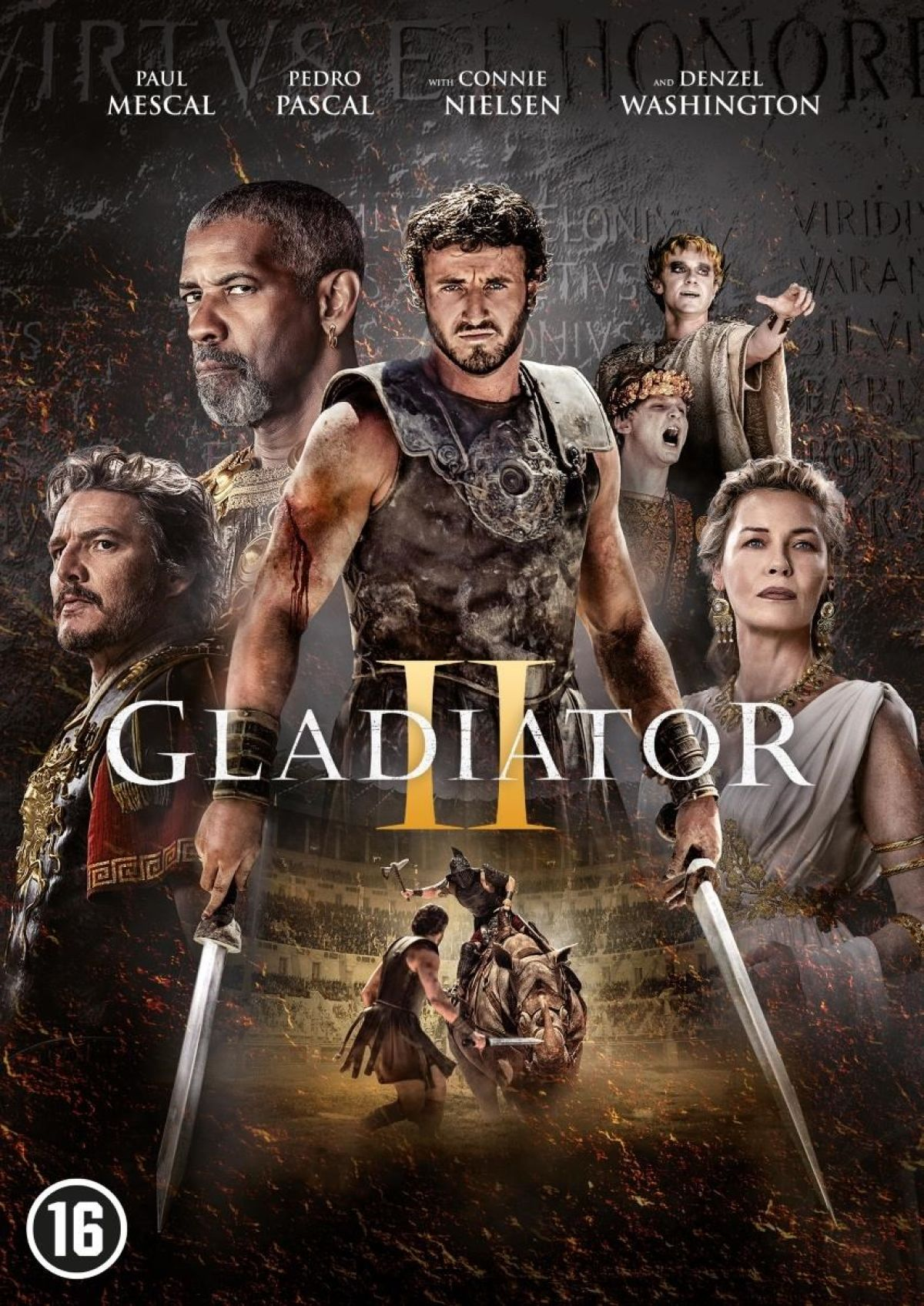 Gladiator II movie poster. Features actors, a gladiator holding a sword, and a battle scene. The '16' age rating is visible.