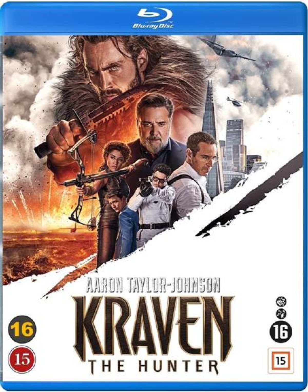 Filmposter voor Kraven the Hunter. Toont acteurs, een stadsgezicht en een Blu-ray Disc-logo. De hoofdtitel is Kraven.