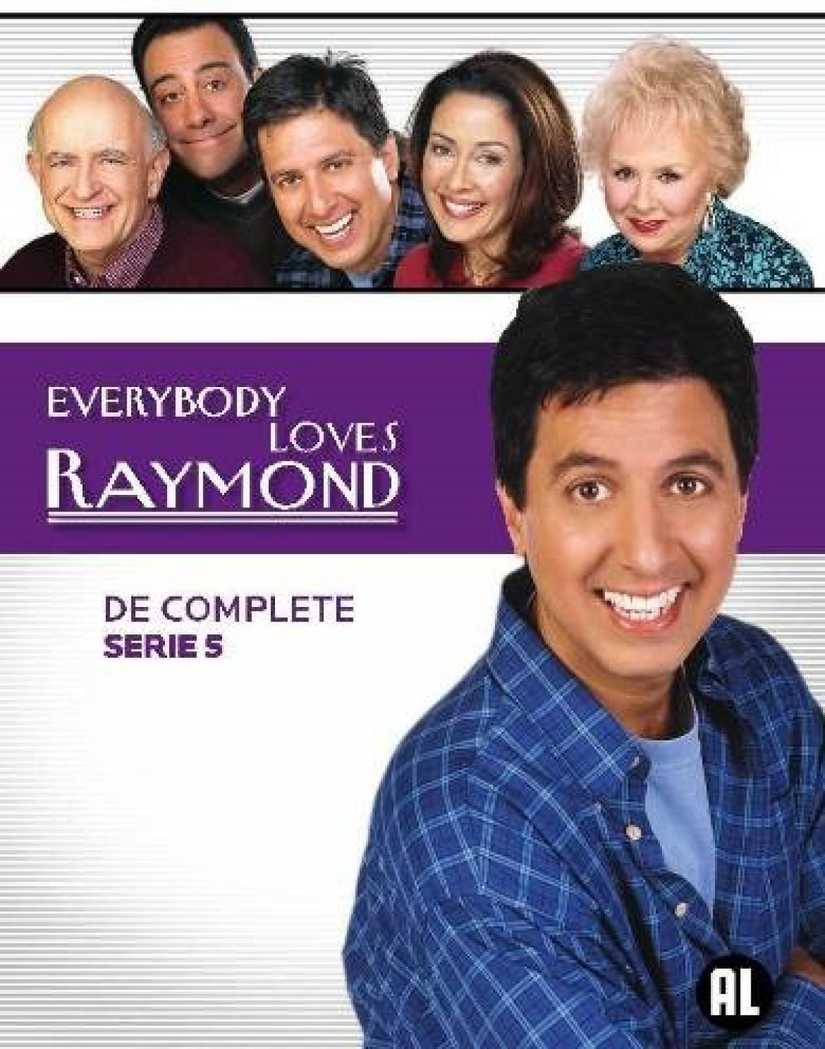 DVD-hoes van 'Everybody Loves Raymond'. Gezichten van de cast bovenaan. Hoofdafbeelding: Ray Romano lacht. Paarse achtergrond met titel.