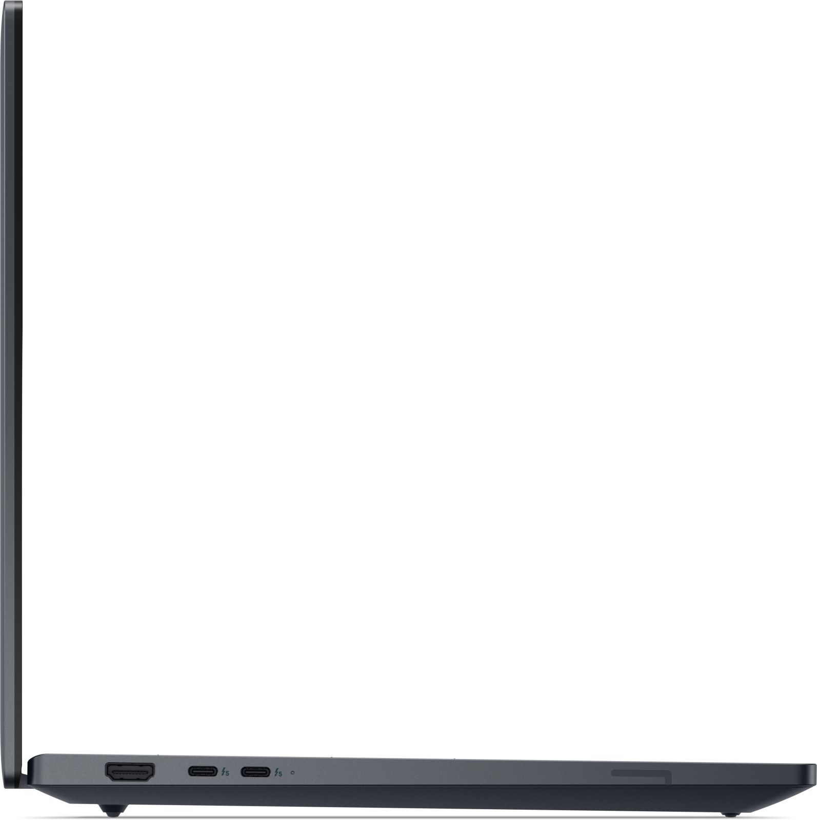 Seitenansicht eines dunkelgrauen Laptops. Der Bildschirm ist geschlossen. Anschlüsse sind an der Seite sichtbar.