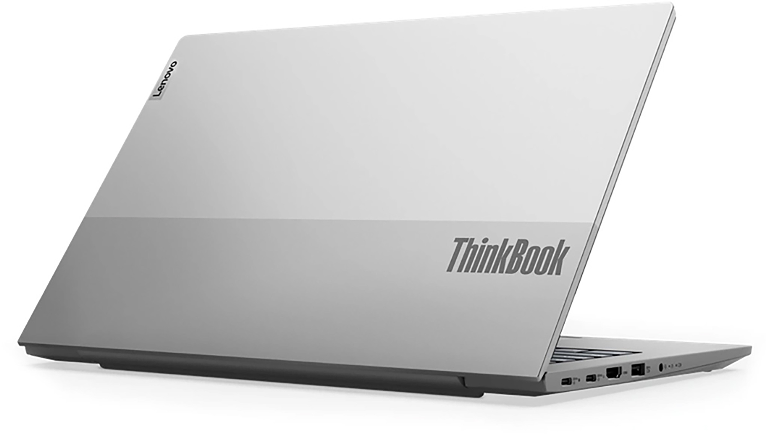 A silver Lenovo ThinkBook laptop is slightly open, showing the keyboard and ports. The screen is closed, with the ThinkBook logo visible.