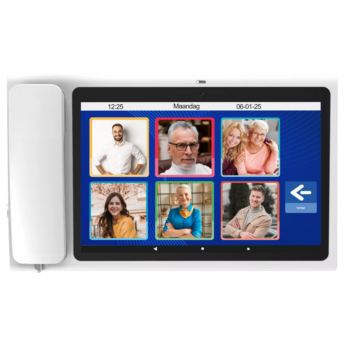 Een tablet toont deelnemers aan een videogesprek. Een witte telefoon staat links. De tijd is 12:25. Het is maandag. De datum is 06-01-25.