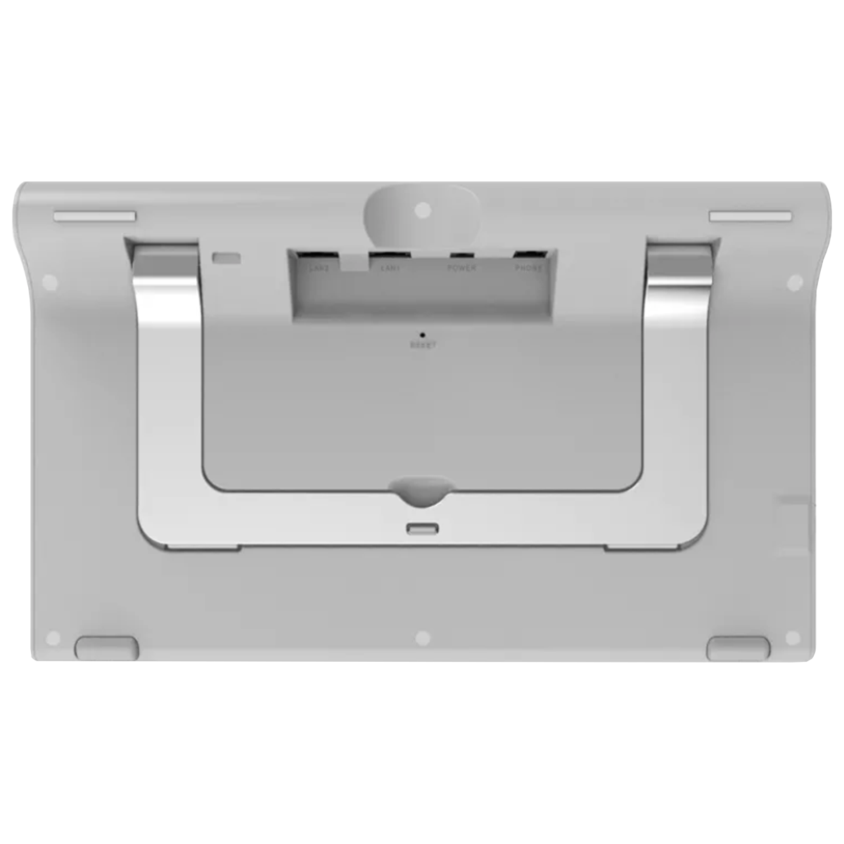 De onderkant van een lichtgrijze tablet. Het heeft een metalen standaard, diverse gemarkeerde poorten en een resetknop.