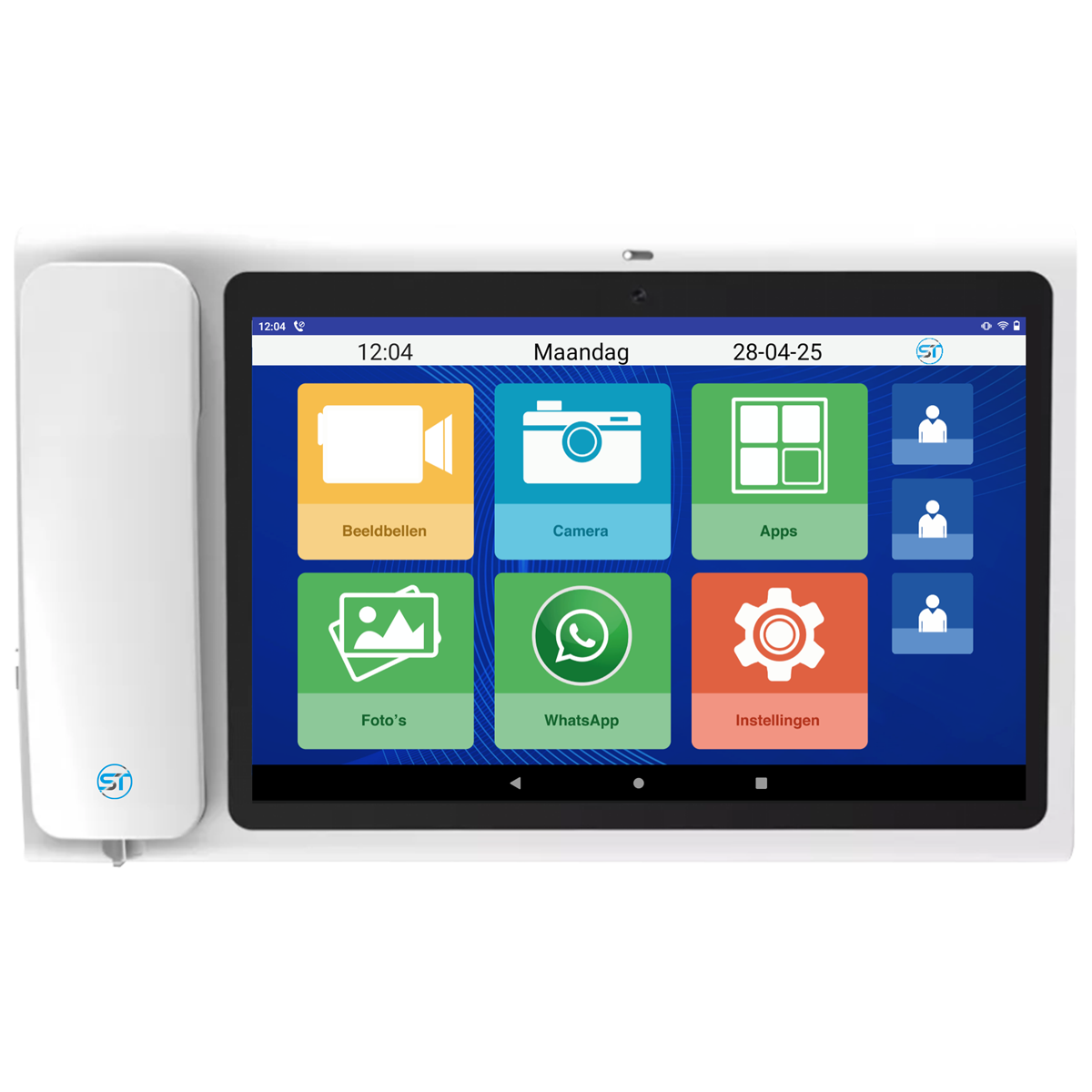 Een tablet met app-iconen zoals camera en WhatsApp, naast een witte intercom. Het scherm toont de datum en tijd.