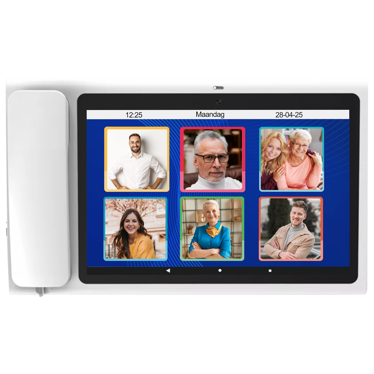 Tablet toont zes deelnemers aan een videogesprek. Tijd, datum en dag van de week worden bovenaan het scherm weergegeven.