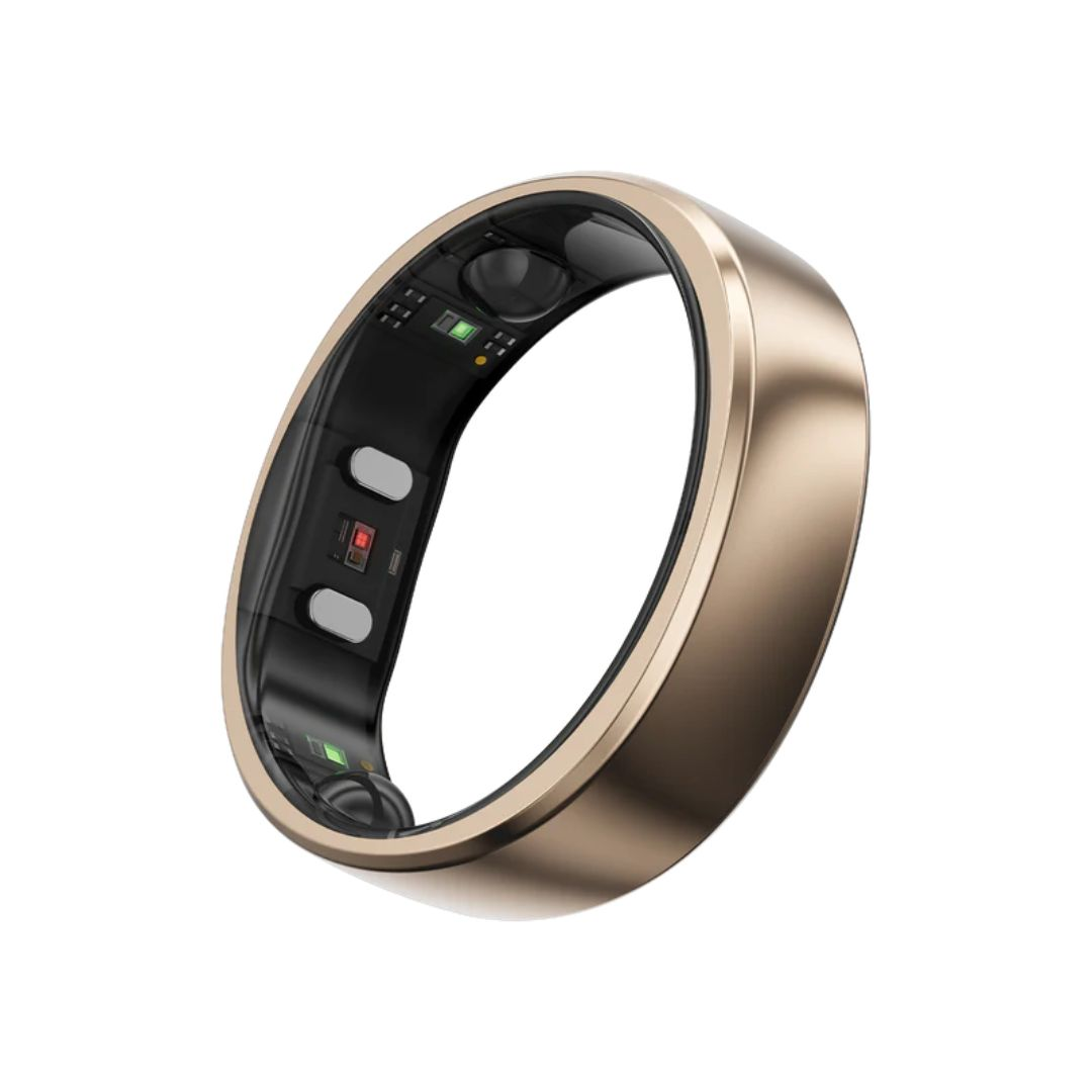 Ein goldener Smart Ring mit schwarzen Innenteilen. Sensoren und LEDs sind sichtbar. Der Ring befindet sich auf weißem Hintergrund.