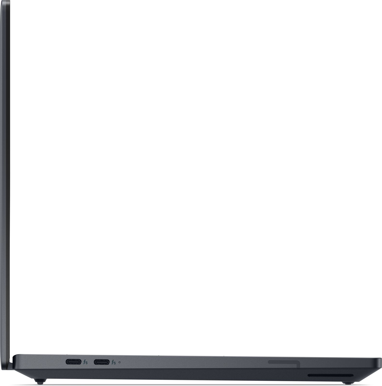 Seitenansicht eines dunkelgrauen Laptops. Anschlüsse sind an der Seite sichtbar. Der Bildschirm ist weiß.