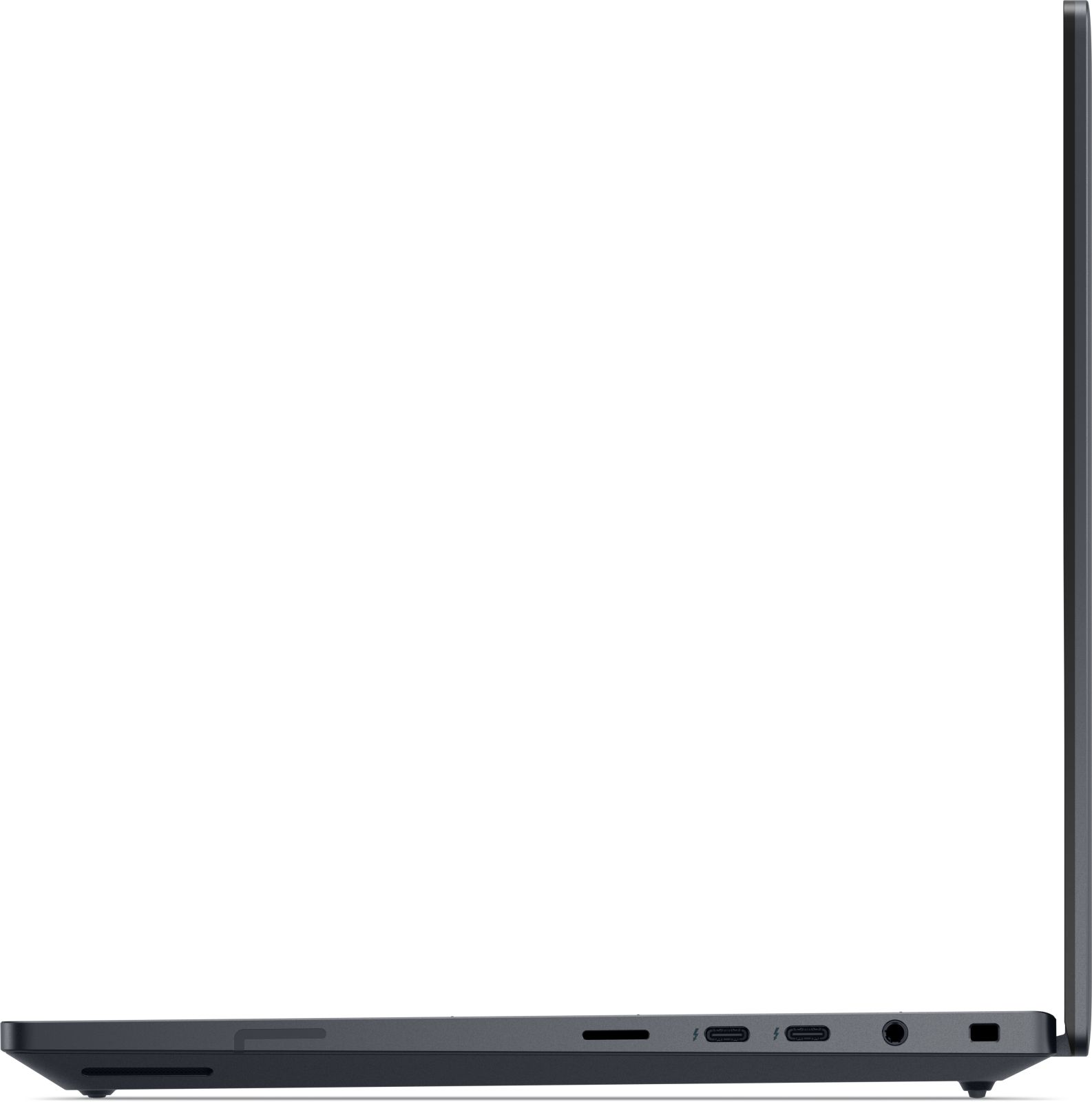 Seitenansicht eines dunkelgrauen Laptops. Anschlüsse sind an der Seite sichtbar, mit einem dünnen Bildschirm. Weißer Hintergrund.