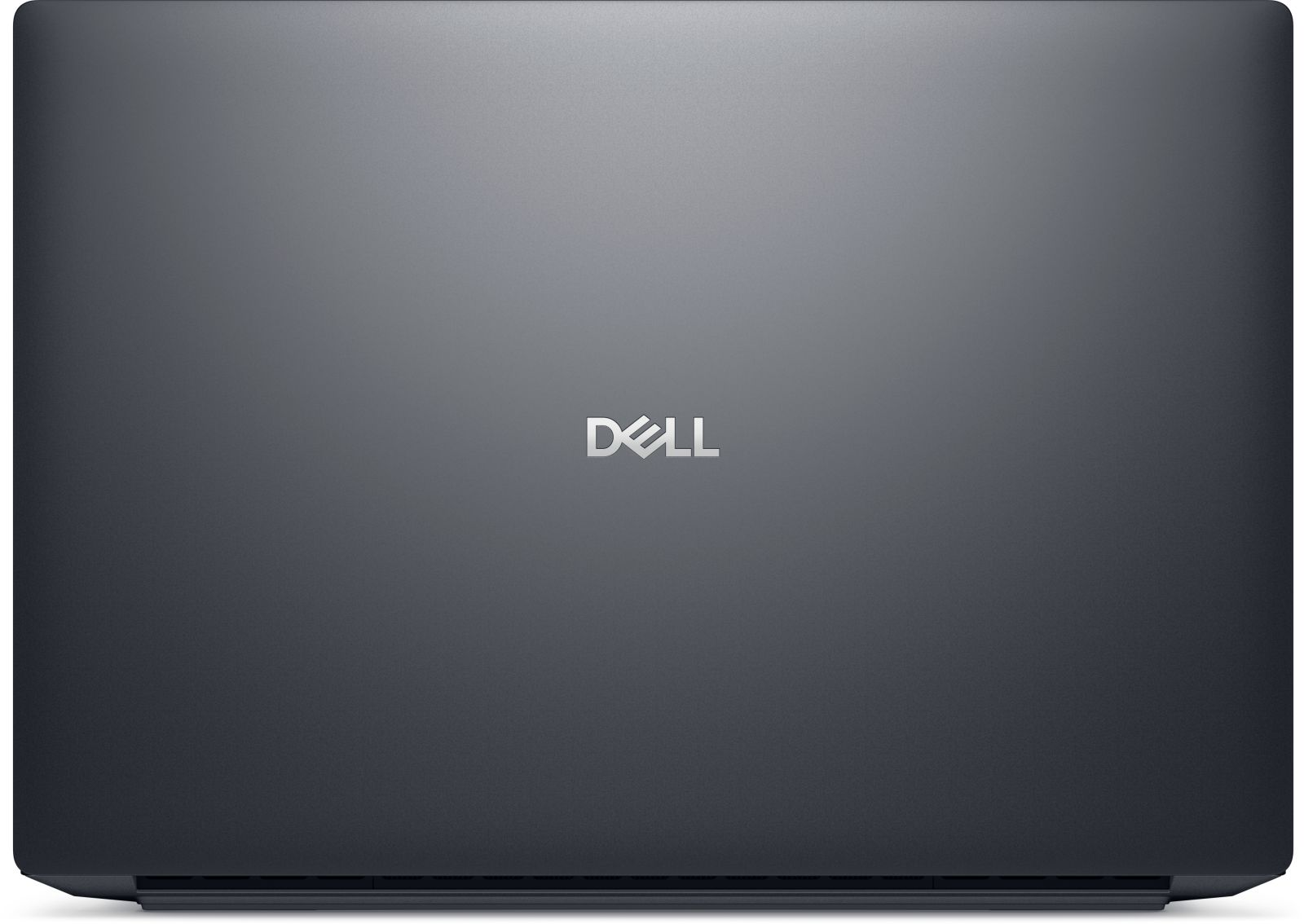 Ein geschlossener, dunkelgrauer Dell-Laptop. Das Dell-Logo befindet sich in der Mitte. Die Oberfläche hat einen metallischen Glanz.