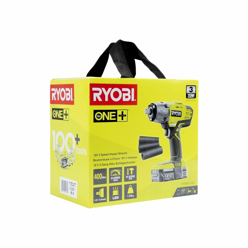 Ein Ryobi One+ Schlagschrauber-Set auf einer gelben Box. Es hat einen schwarzen Griff und verschiedene Produktdetails.