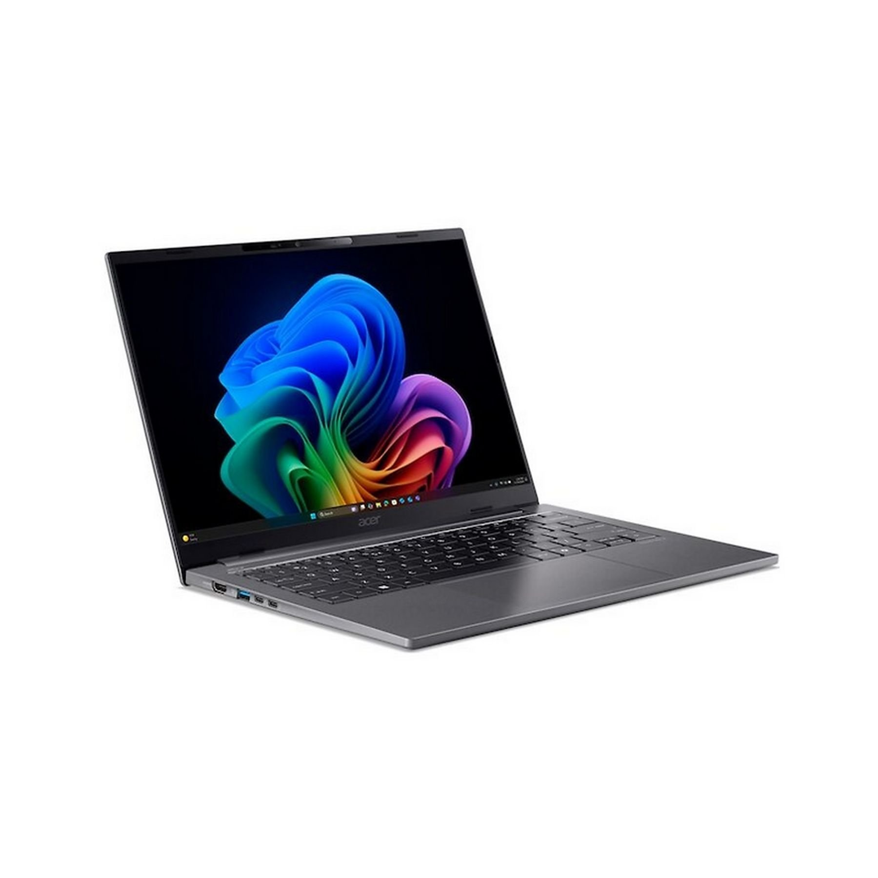 Un laptop Acer grigio è aperto. Lo schermo mostra un design astratto colorato. Lo sfondo è bianco.